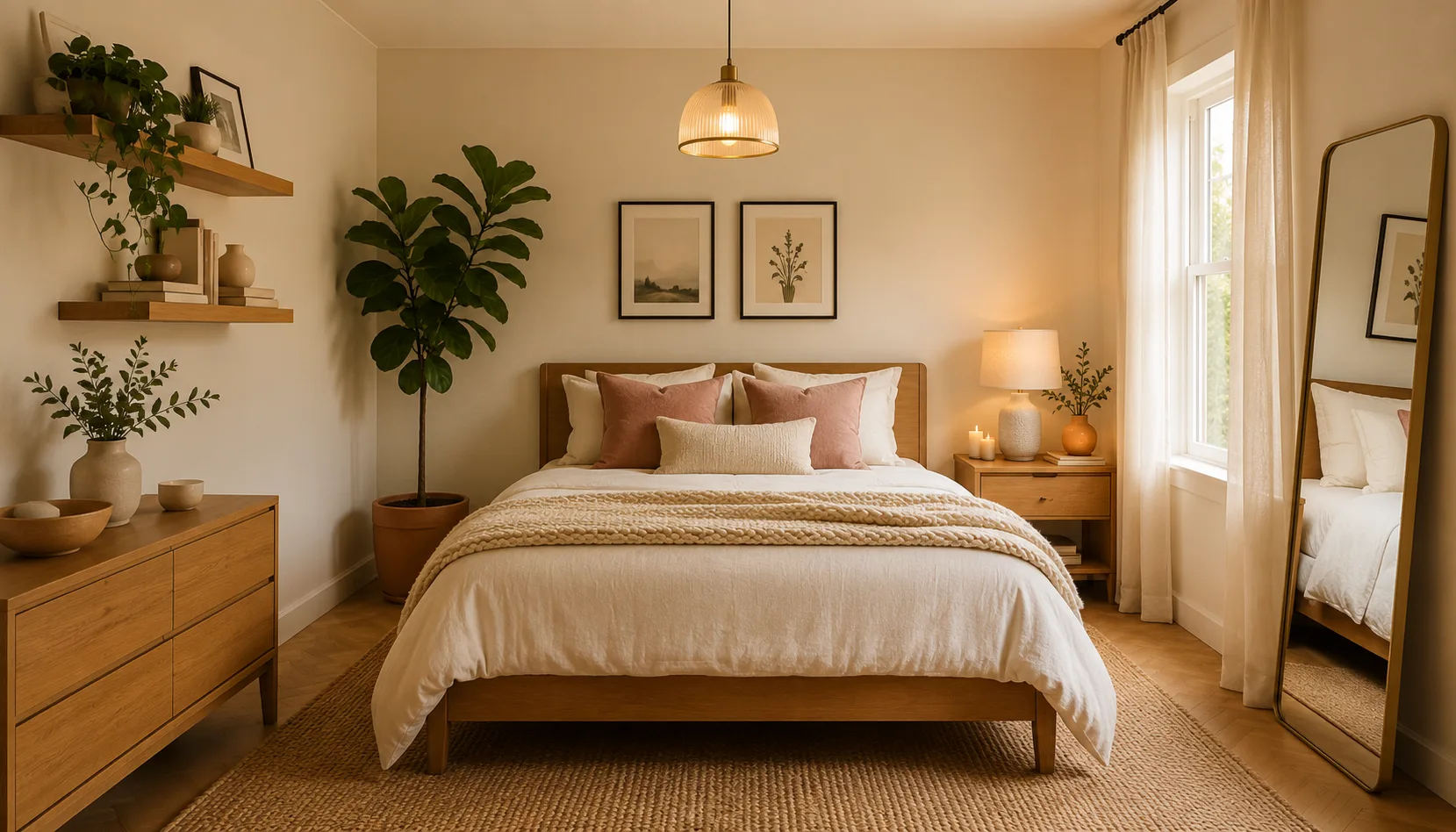 Beautifully decorated small bedroom showing maximal style in minimal space with plants, mirrors, and layered lighting