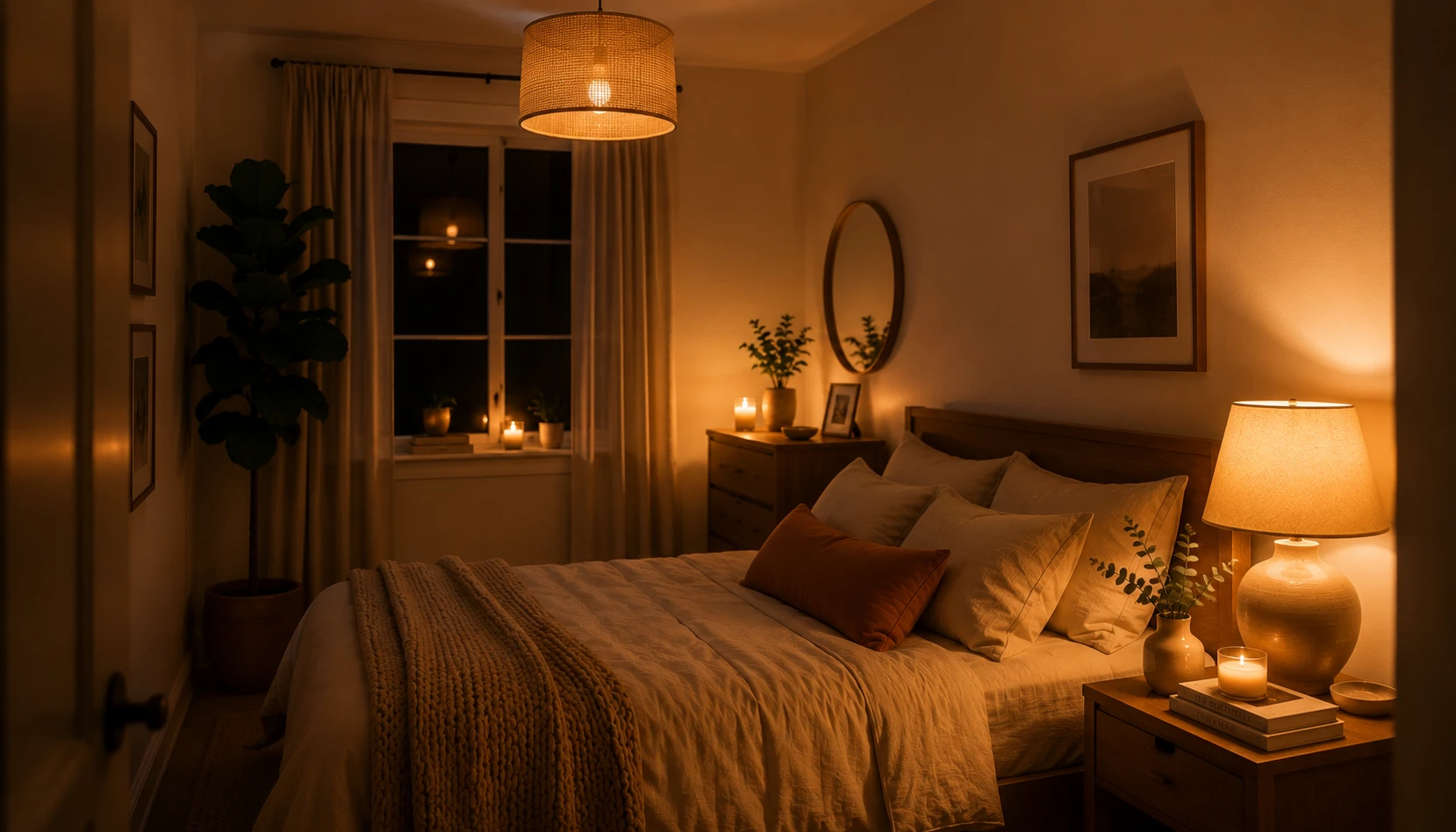 Small room with three different light sources creating warm ambient lighting and visual interest