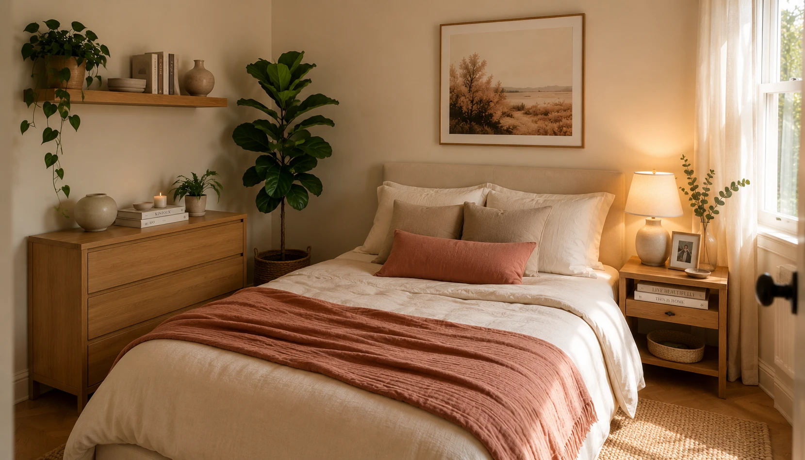 Small bedroom demonstrating maximal minimalism with curated objects and warm colors in compact space
