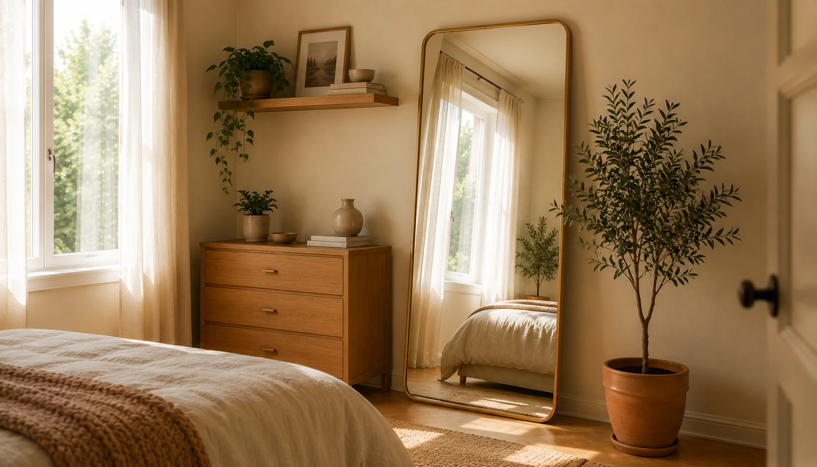Small room with large floor mirror leaning against wall multiplying light and creating visual expansion
