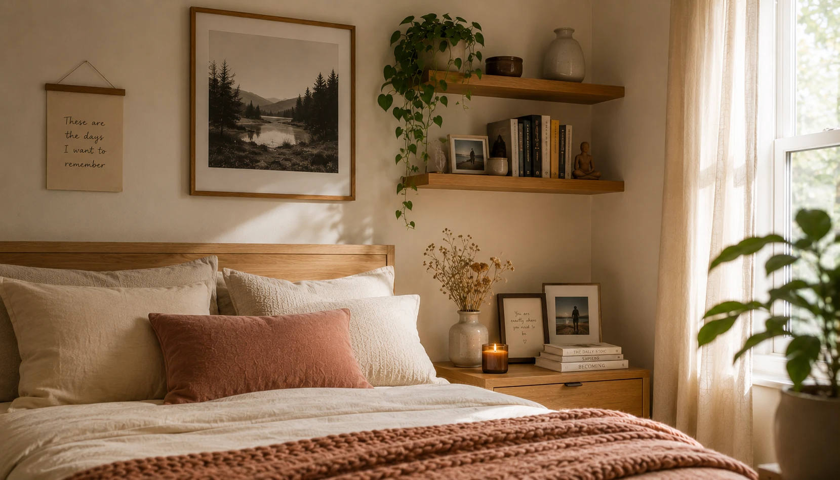 Small bedroom with meaningful personal items displayed creating authentic warmth and character