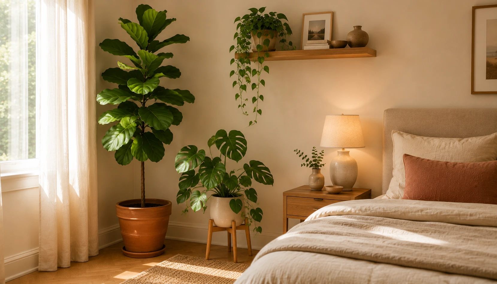 Small room with multiple plants at different heights creating lush green atmosphere without crowding