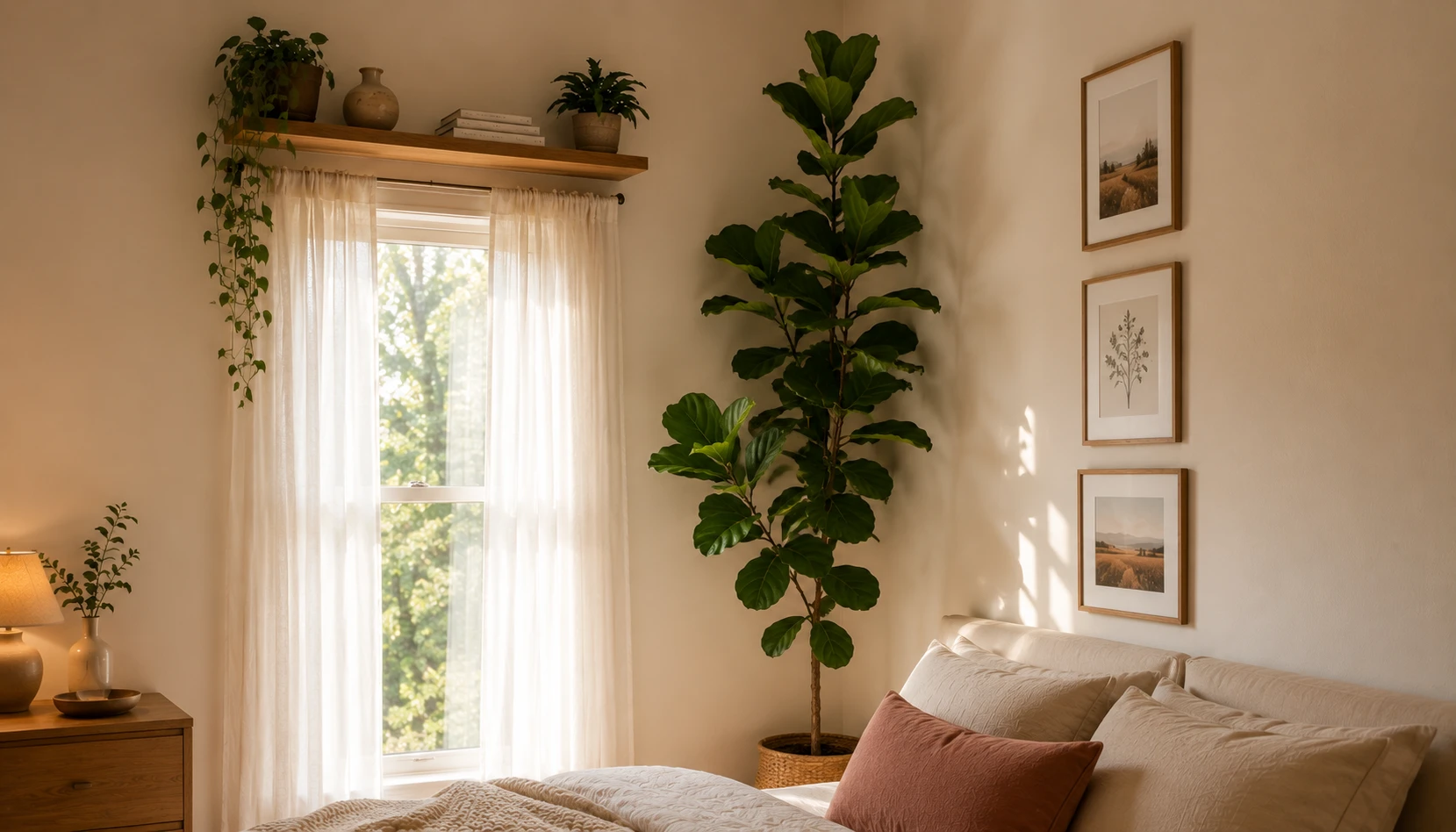 Small room with vertical styling showing floating shelves, tall plants, and wall-mounted storage maximizing vertical space