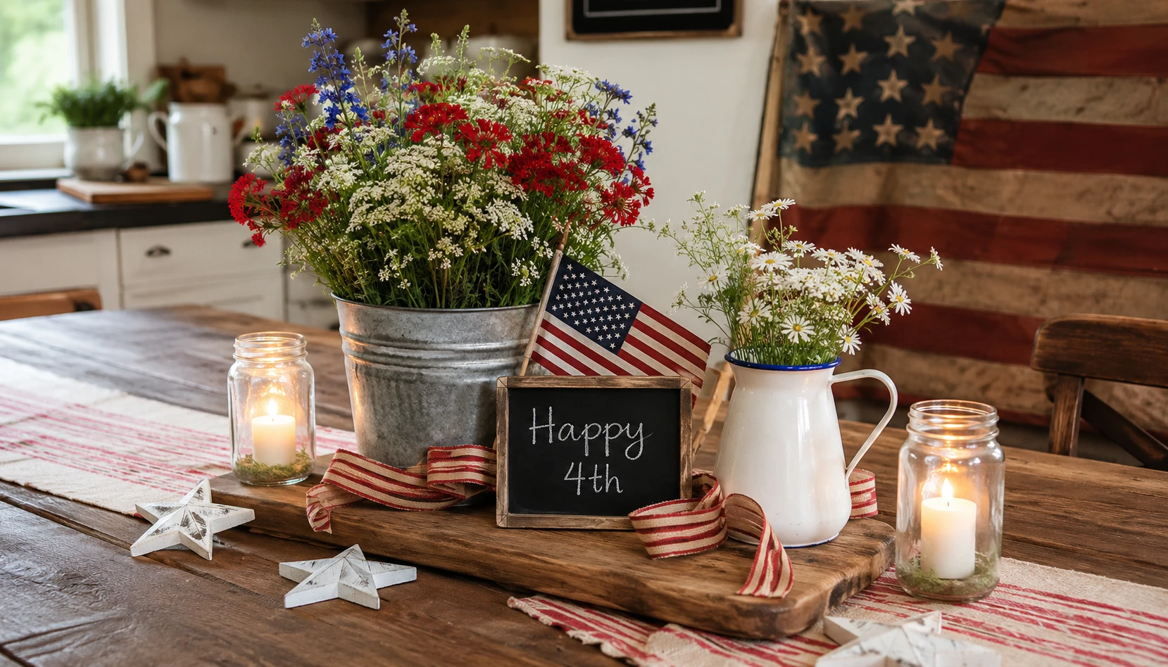 Farmhouse 4th of July decor with worn wood galvanized metal red white blue accents linen and wildflowers