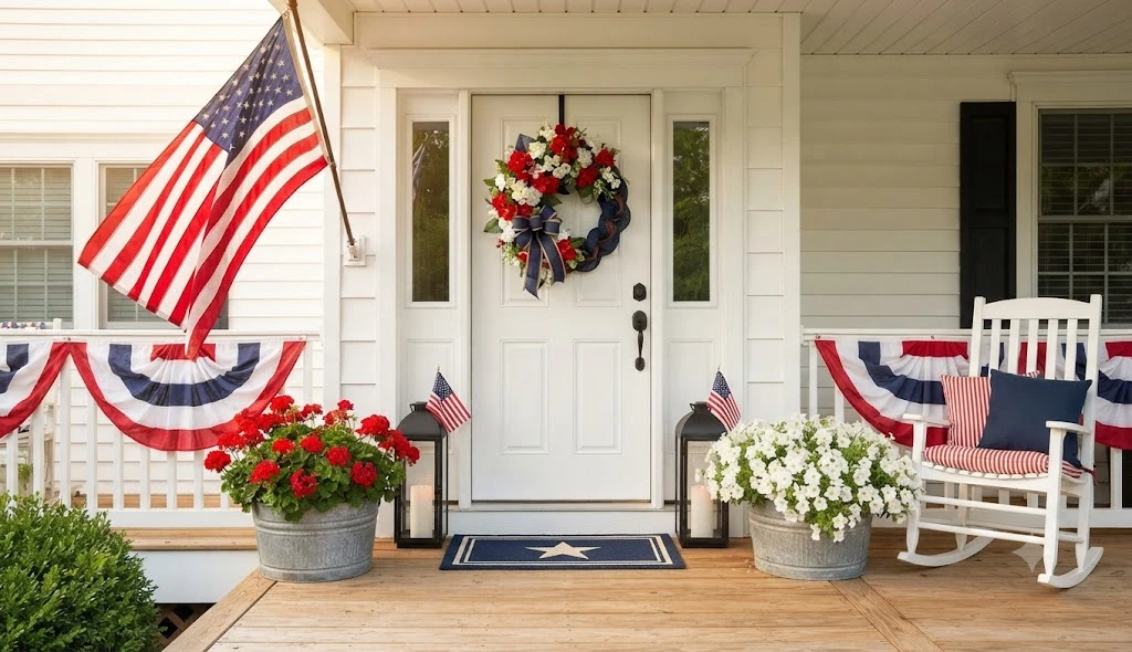 Beautiful patriotic front porch decor with American flag bunting red white blue flowers and farmhouse accents for 4th of July