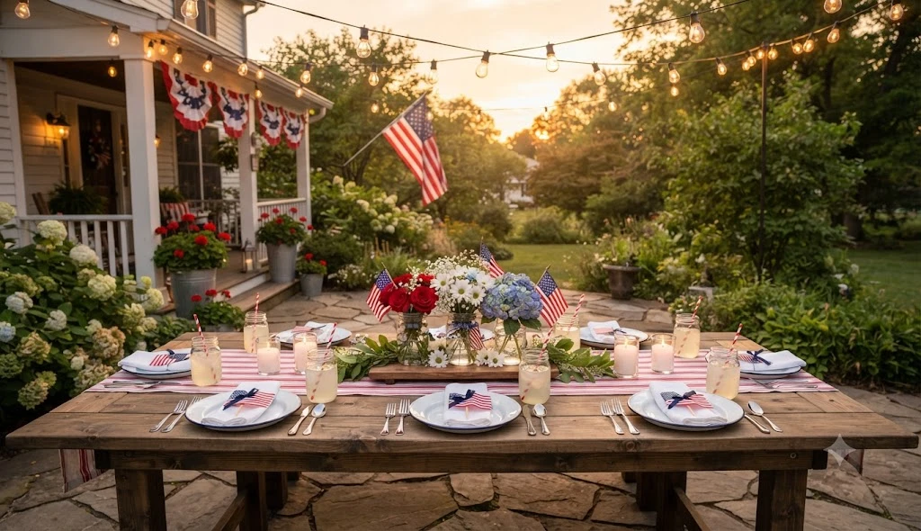 Beautiful 4th of July home decor with red white and blue table setting outdoor patriotic decorations and farmhouse styling