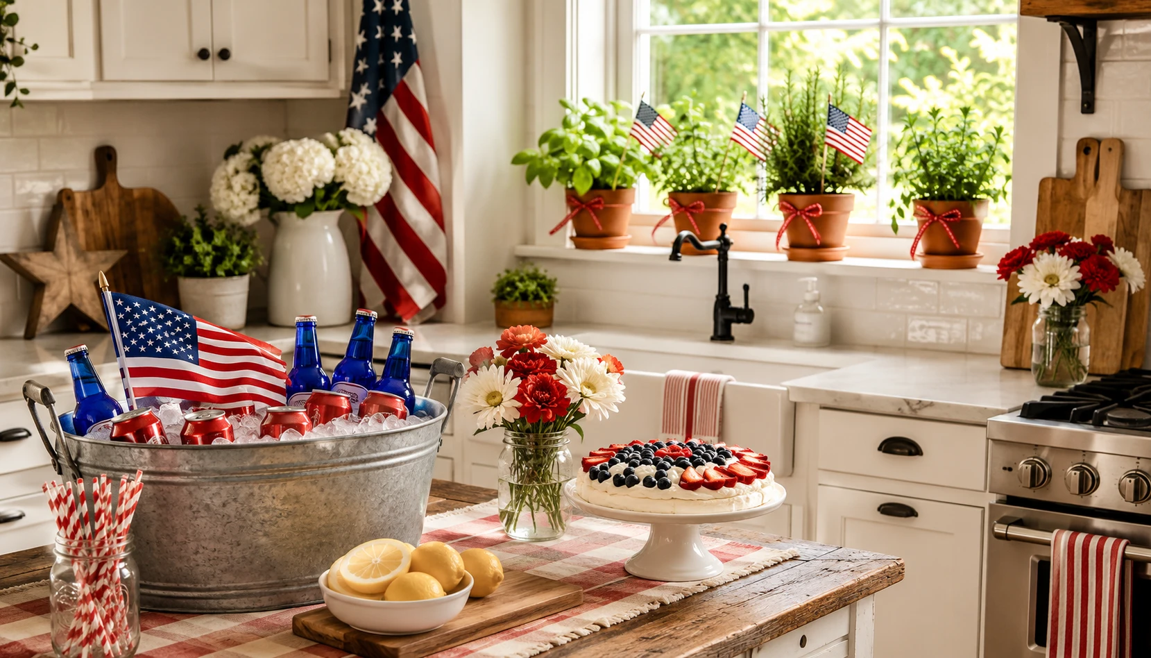4th of July kitchen decor with red white blue accents mason jars flowers chalkboard signs and patriotic farmhouse styling