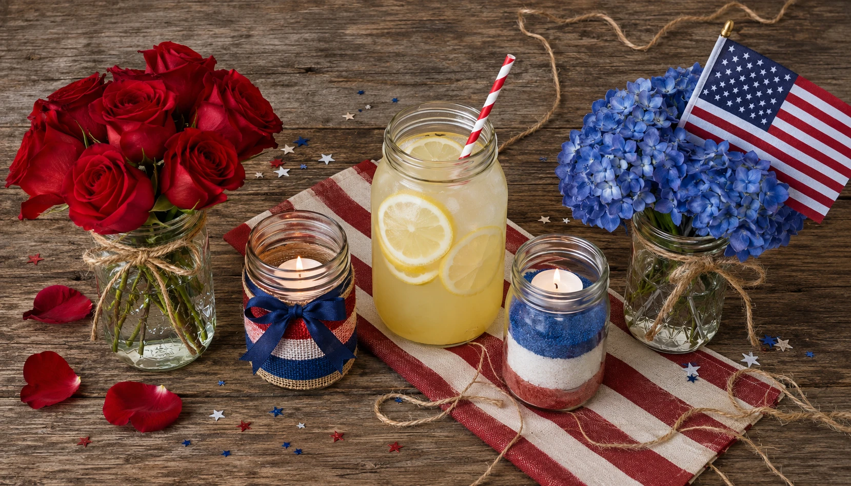 4th of July mason jar decor ideas with red white blue flowers candles and patriotic ribbon arrangements