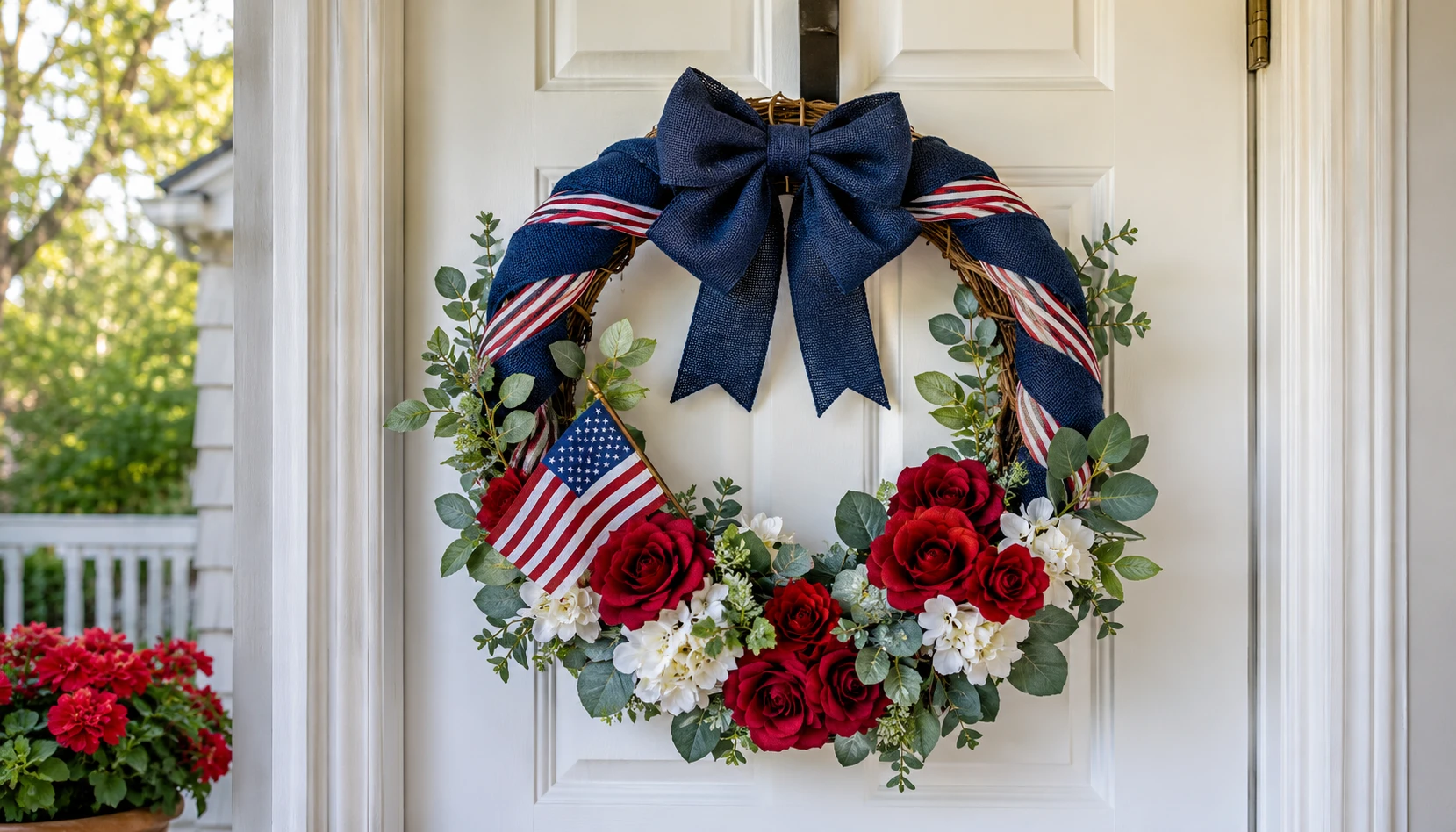 DIY patriotic 4th of July front door wreath with red white blue flowers burlap and American flag accents