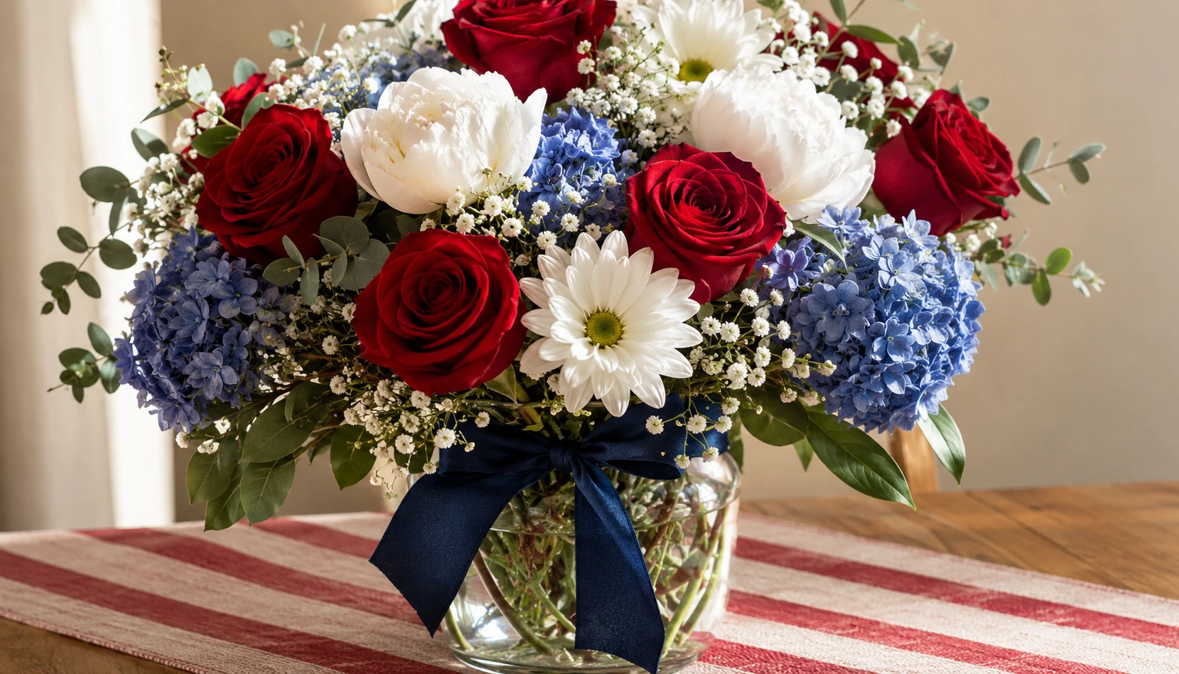Beautiful red white and blue flower arrangement in mason jars for 4th of July table decor with roses daisies and blue hydrangeas