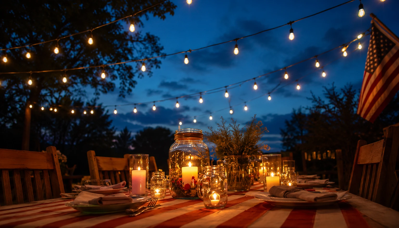 Beautiful outdoor 4th of July gathering with warm string lights overhead patriotic table setting and summer evening atmosphere