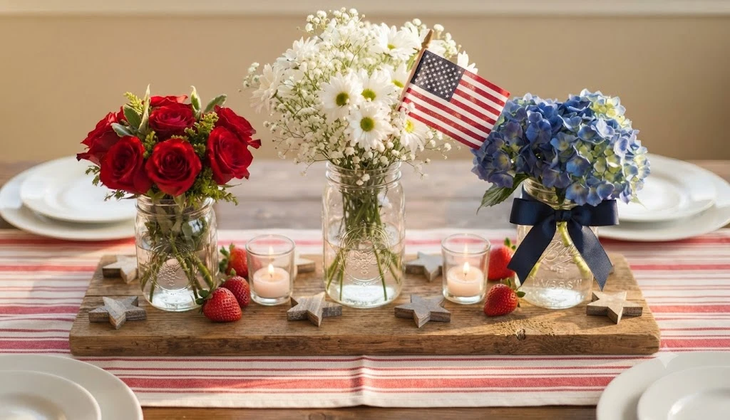 Beautiful 4th of July table centerpiece with red white blue flowers mason jars American flags and linen tablecloth