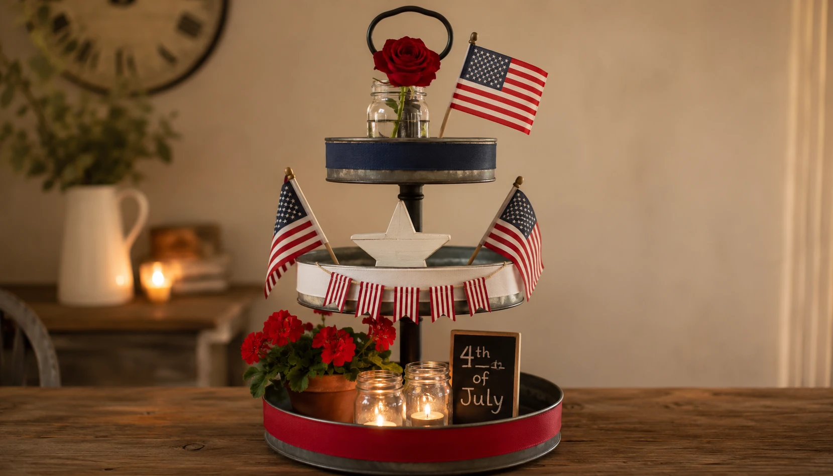 Beautiful patriotic 4th of July tiered tray styling with red white blue accents small flags stars and farmhouse elements