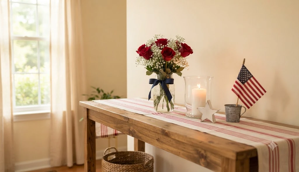 Simple elegant 4th of July home decor with red white blue accents natural elements and farmhouse styling