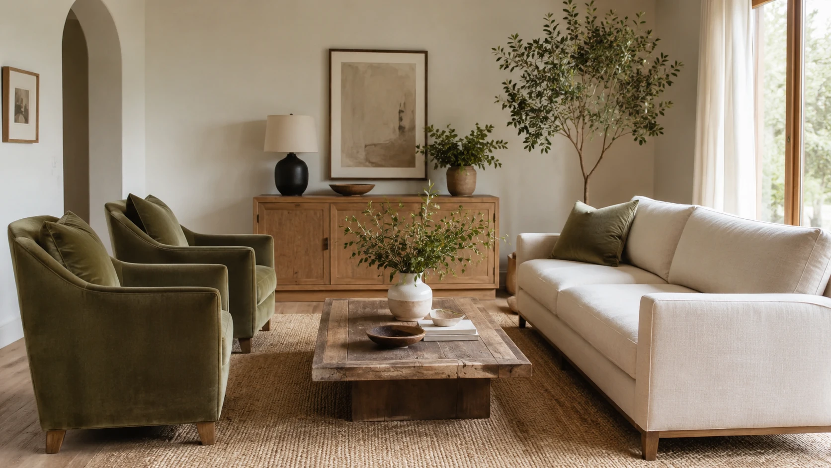 Two olive green accent chairs across from a neutral sofa in a living room with jute rug and natural wood