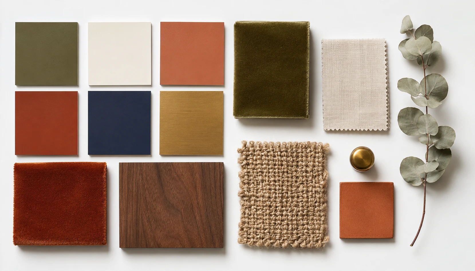 Olive green color palette mood board showing olive cream terracotta brass navy and natural wood swatches