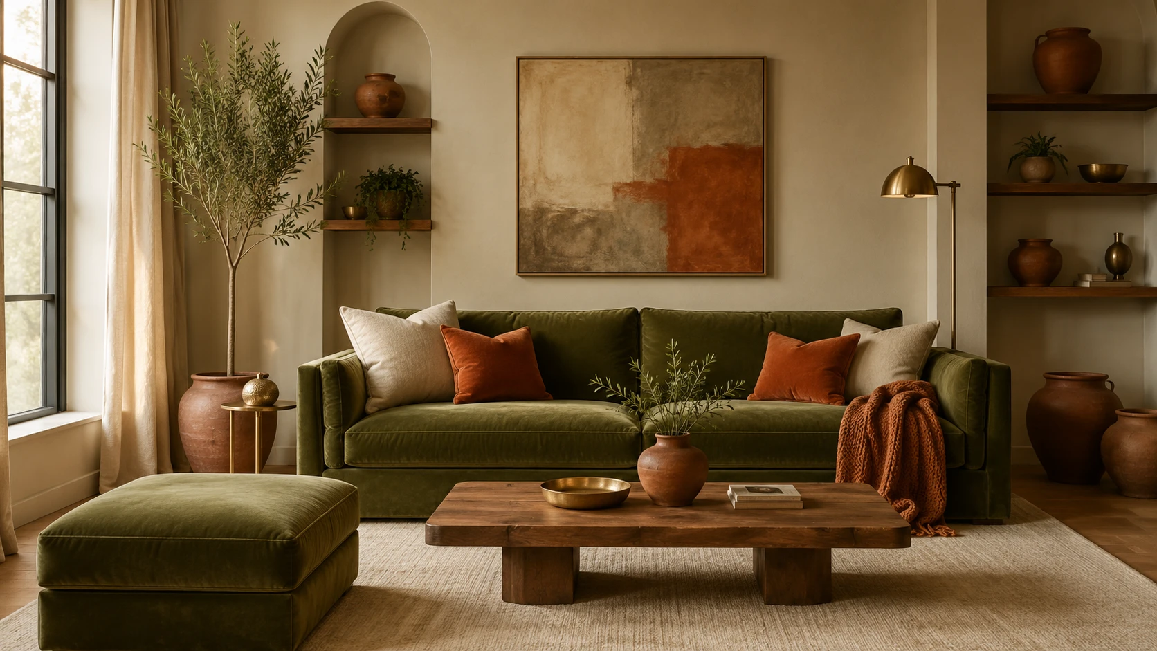 Olive green living room demonstrating the 60-30-10 color rule with neutral walls olive furniture and burnt orange accents