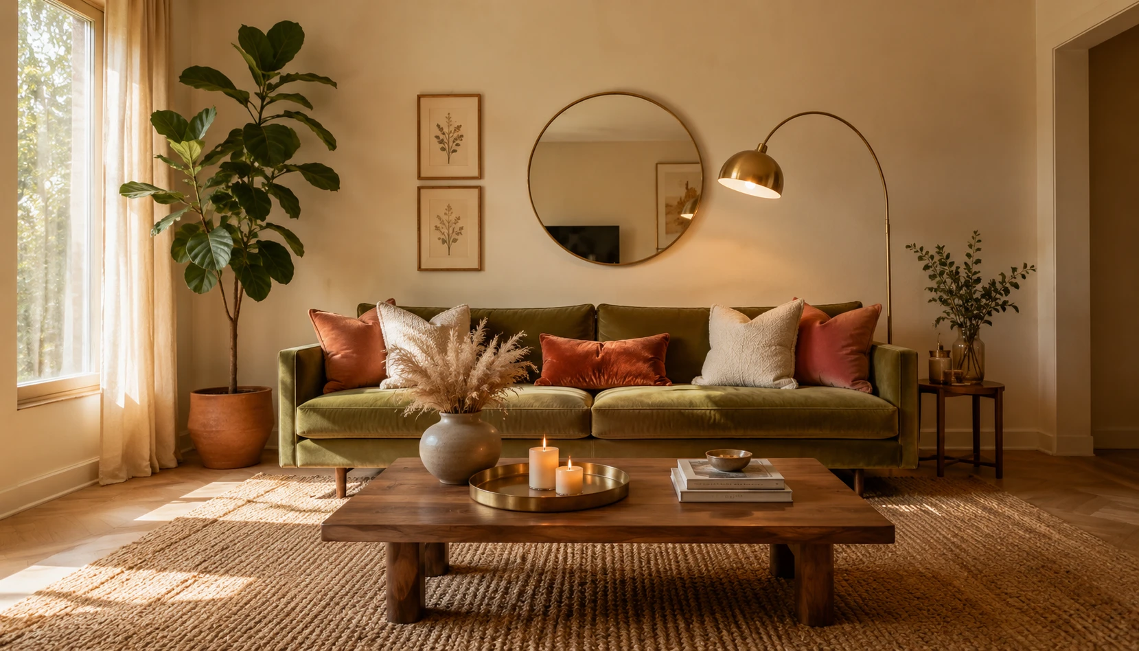 Olive green living room with olive sofa, warm neutral walls, terracotta accents, and natural wood for an organic luxury look in 2026