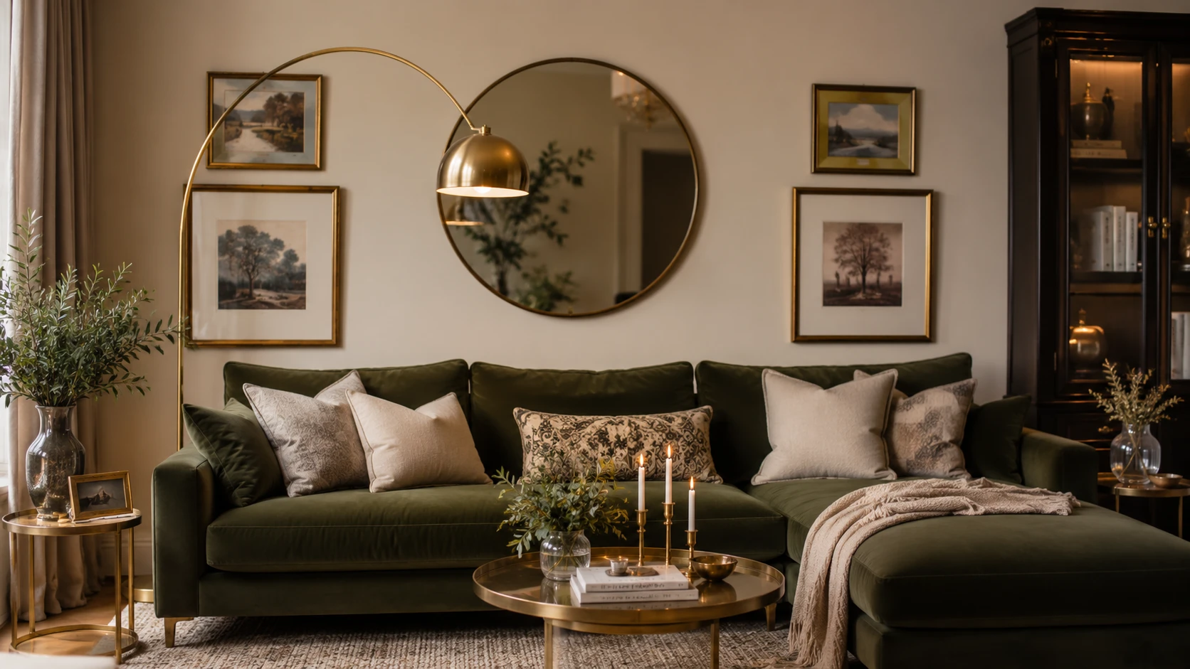 Olive green living room with brass lamps gold frames and warm metallic accents for elevated sophistication