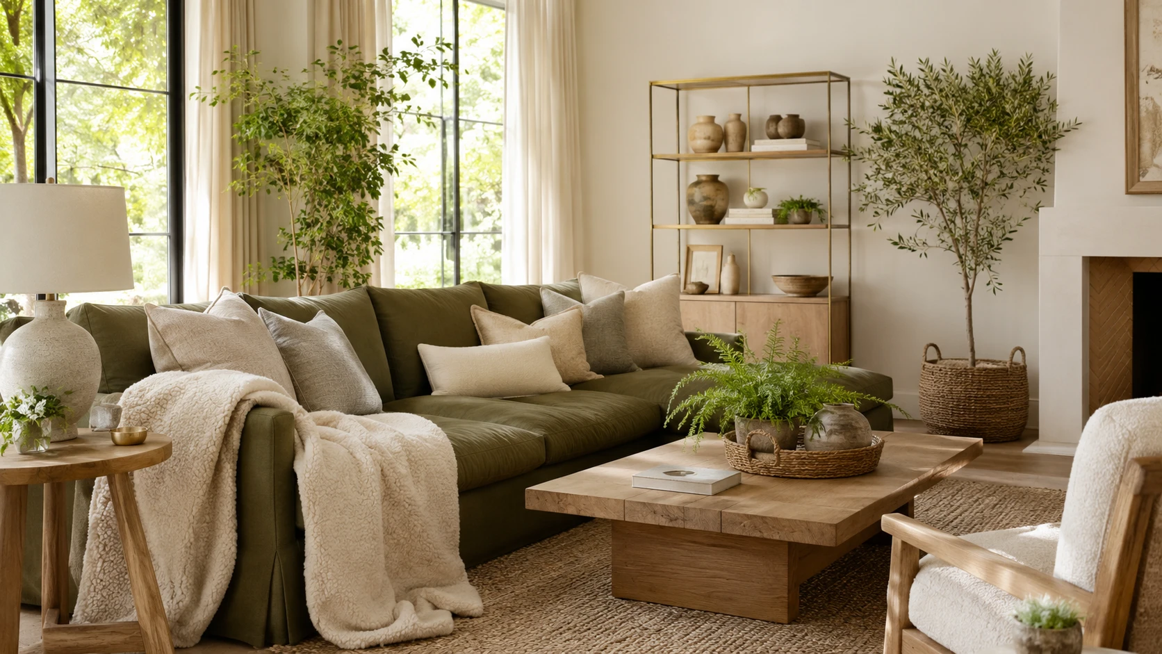 Olive green living room with cream walls neutral textures light wood and woven accents for airy elegance