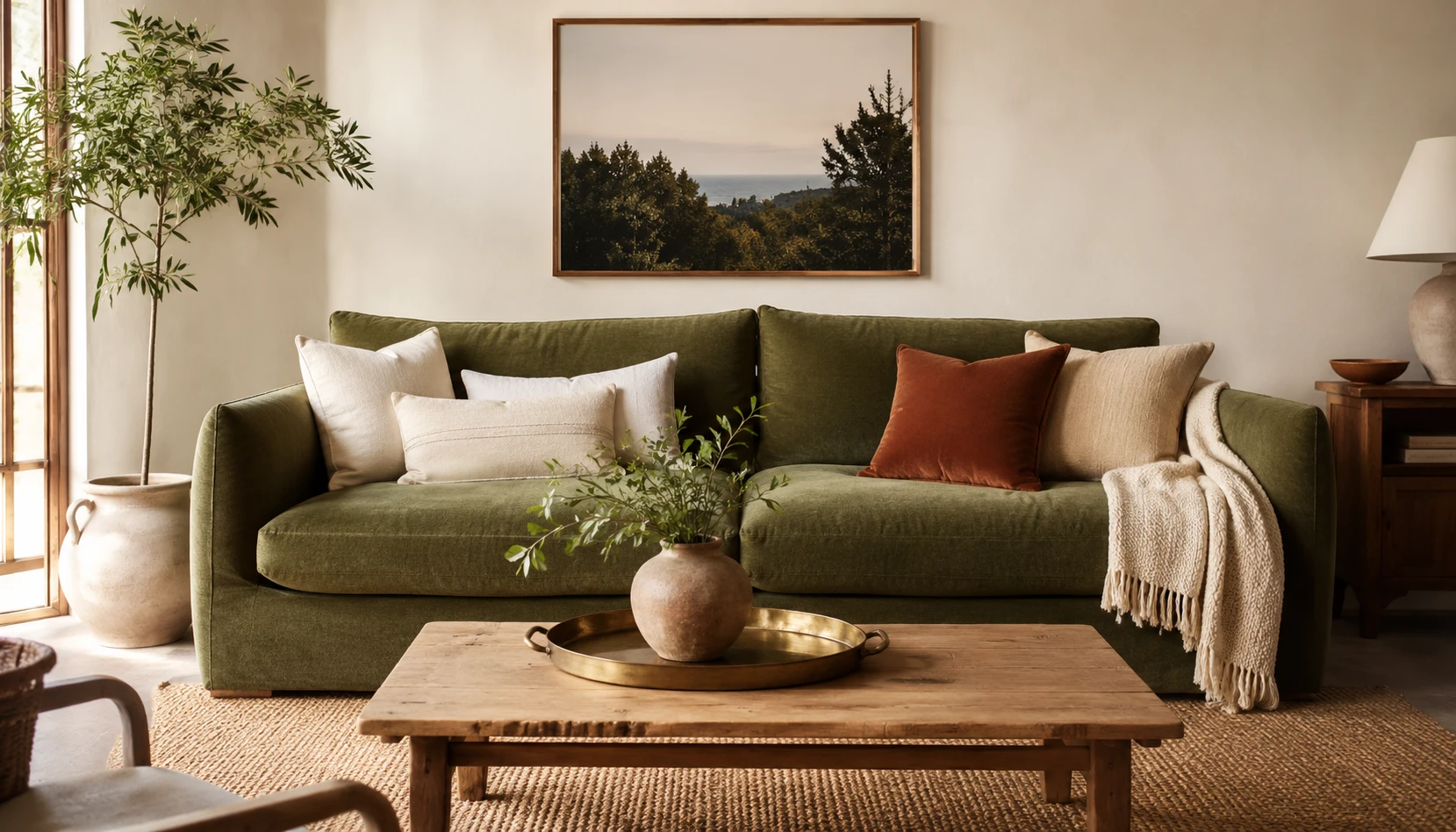 Olive green sofa in a living room with cream walls natural wood coffee table and terracotta accent pillows
