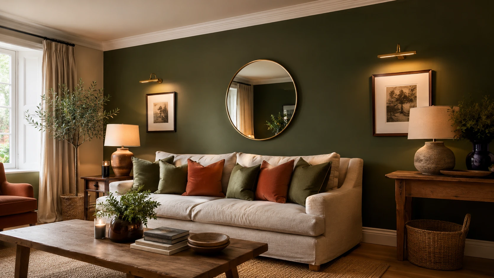 Living room with olive green walls neutral furniture brass accents and natural wood for a warm grounded space