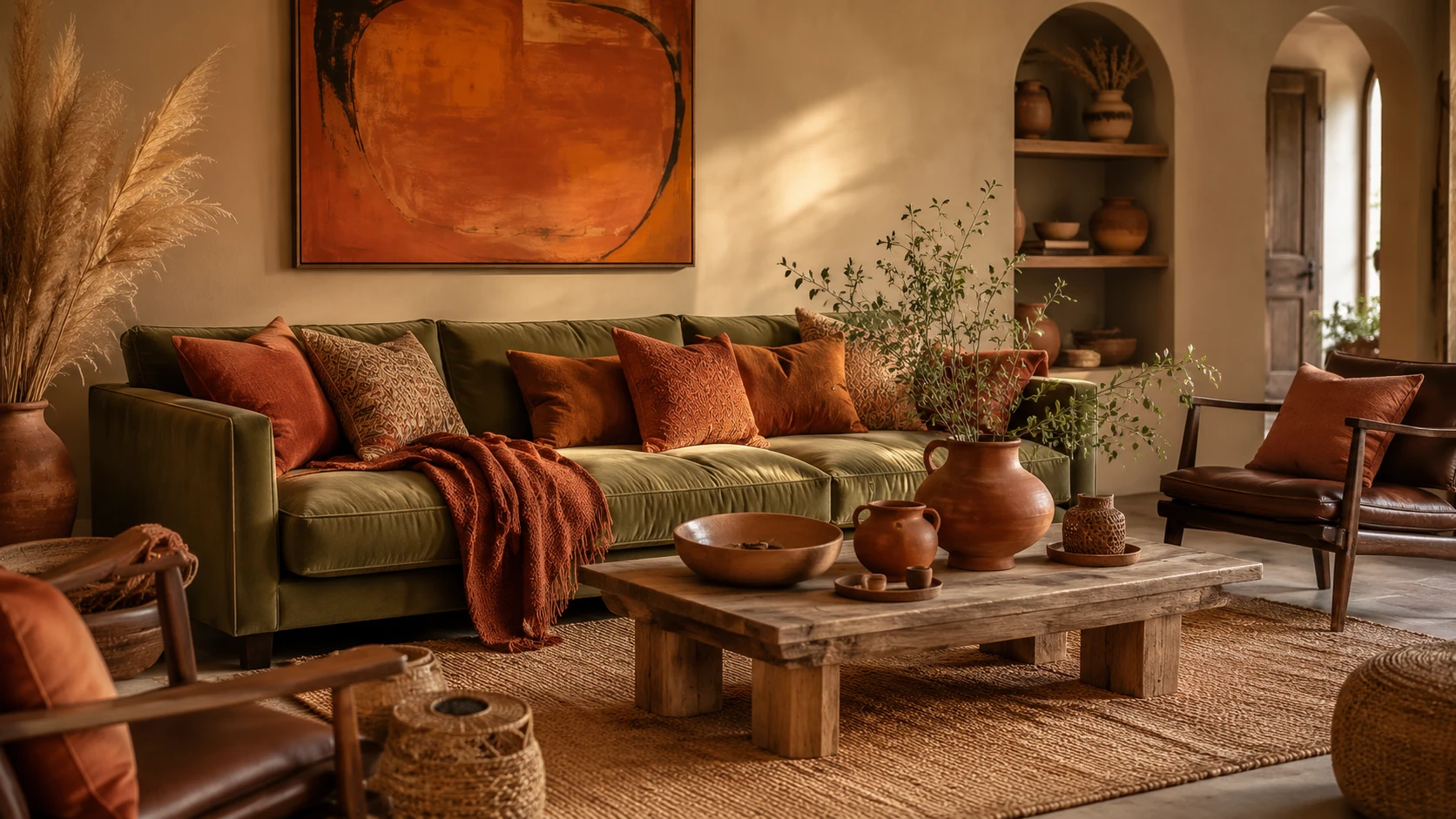 Olive green living room with terracotta accents rust cushions ceramic pottery and natural materials for earthy warmth