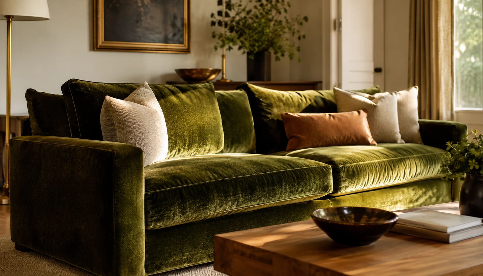 Olive green velvet sofa in a living room catching light with cream walls and brass accents for rich luxury