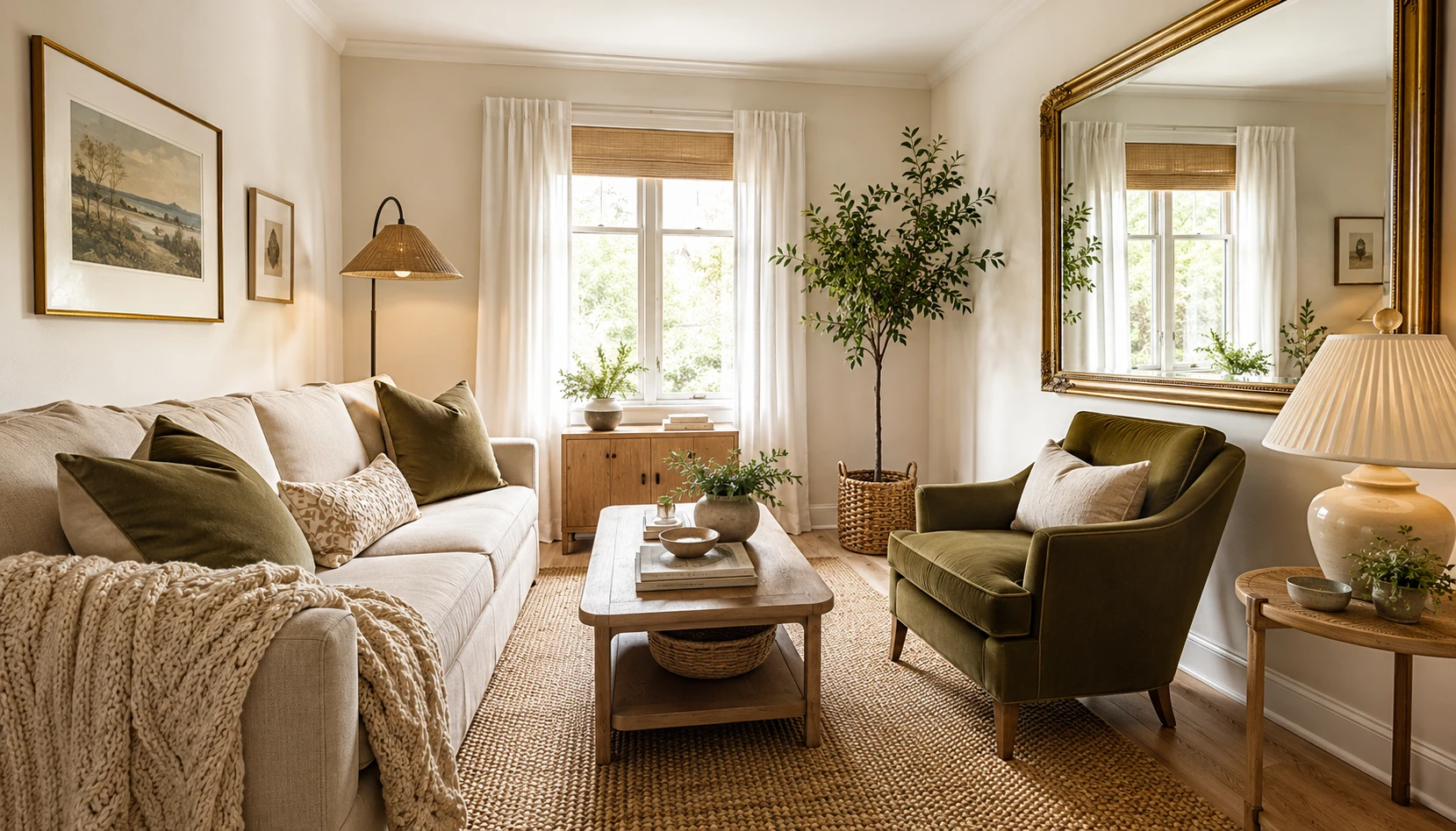 Small olive green living room with olive accents mirrors light walls and natural wood to keep the space bright