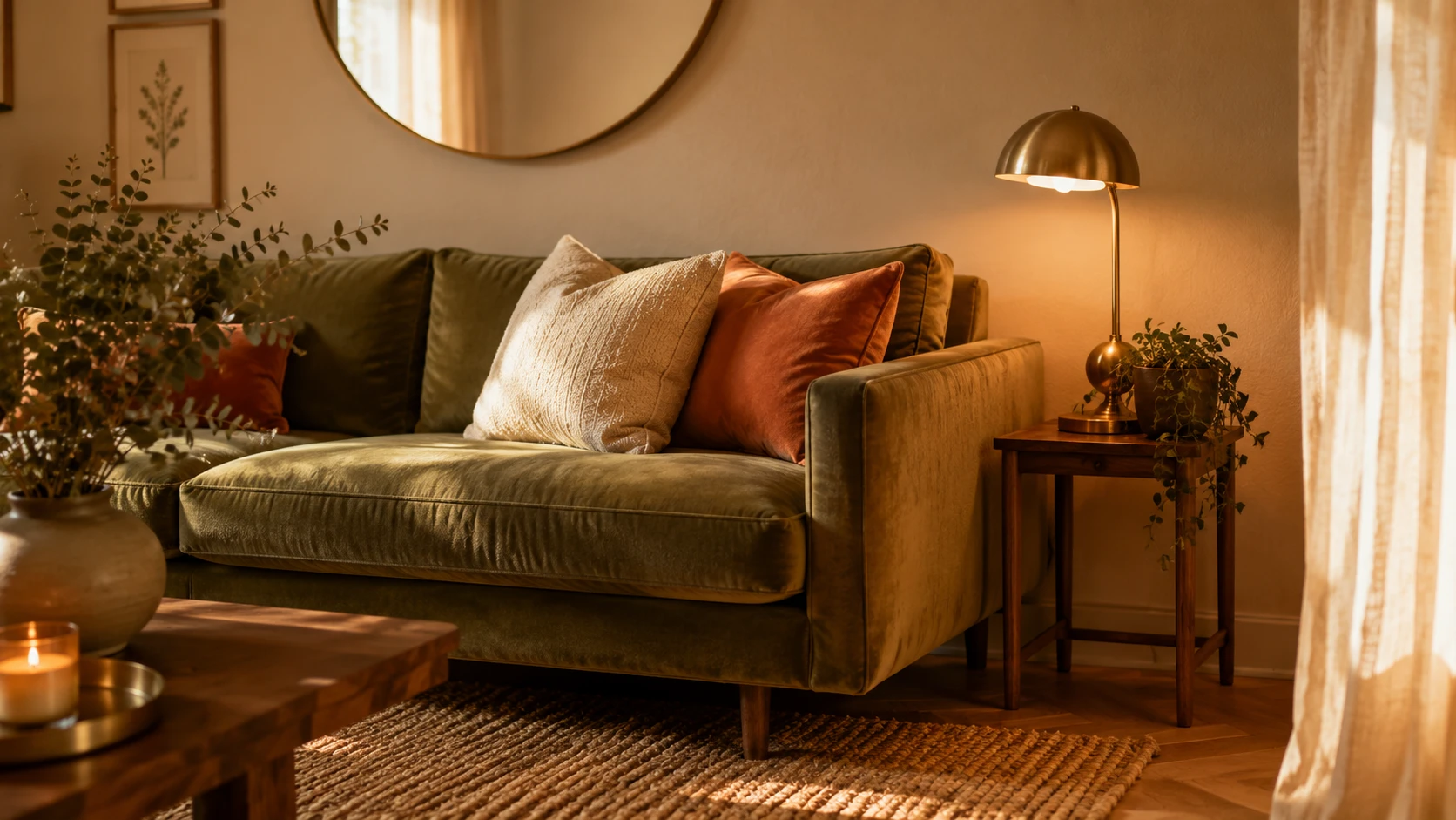Olive green living room showing the organic luxury aesthetic with olive sofa warm neutrals and natural textures