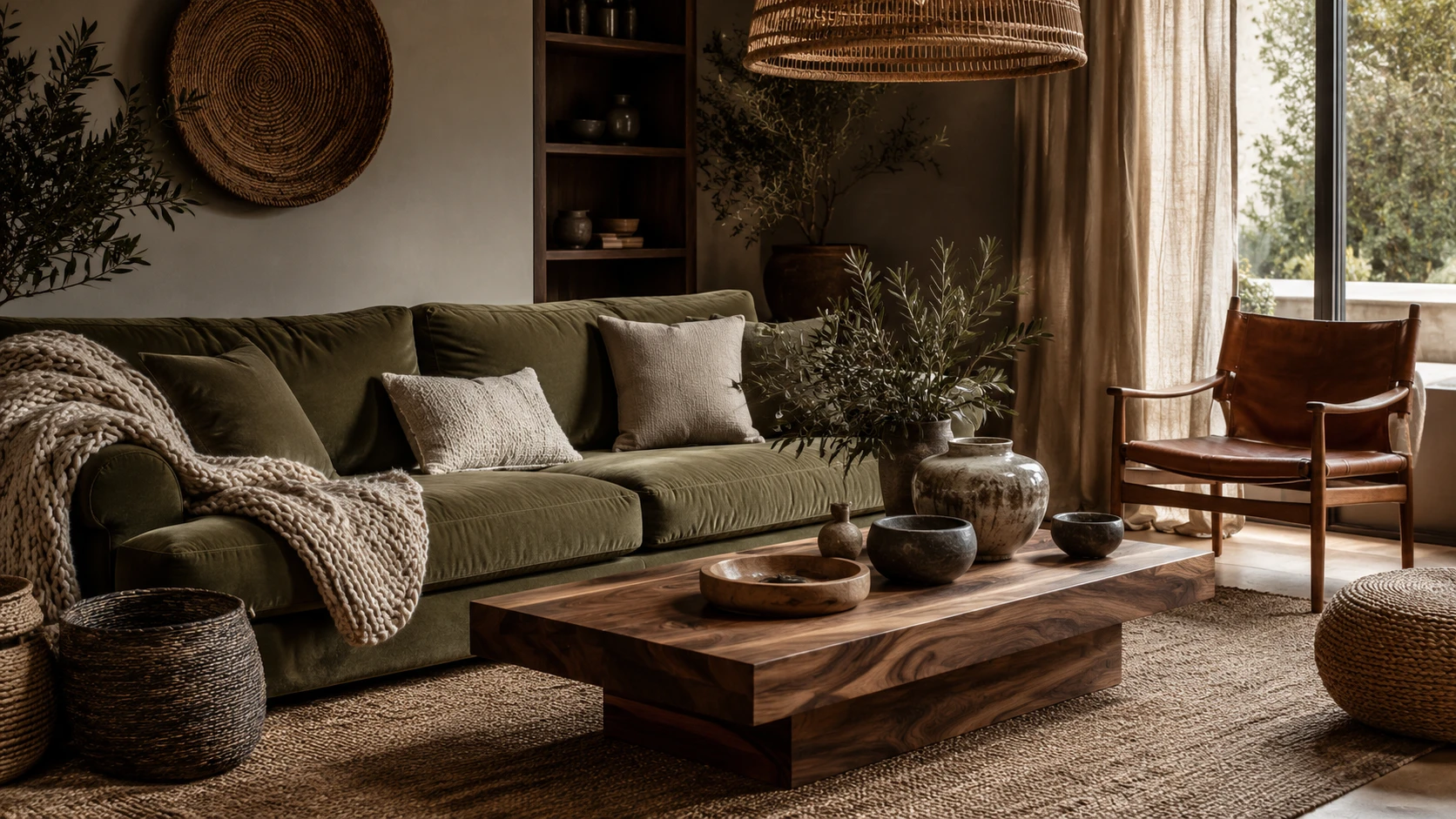 Olive green living room with oak and walnut wood jute rug woven baskets and layered natural textures