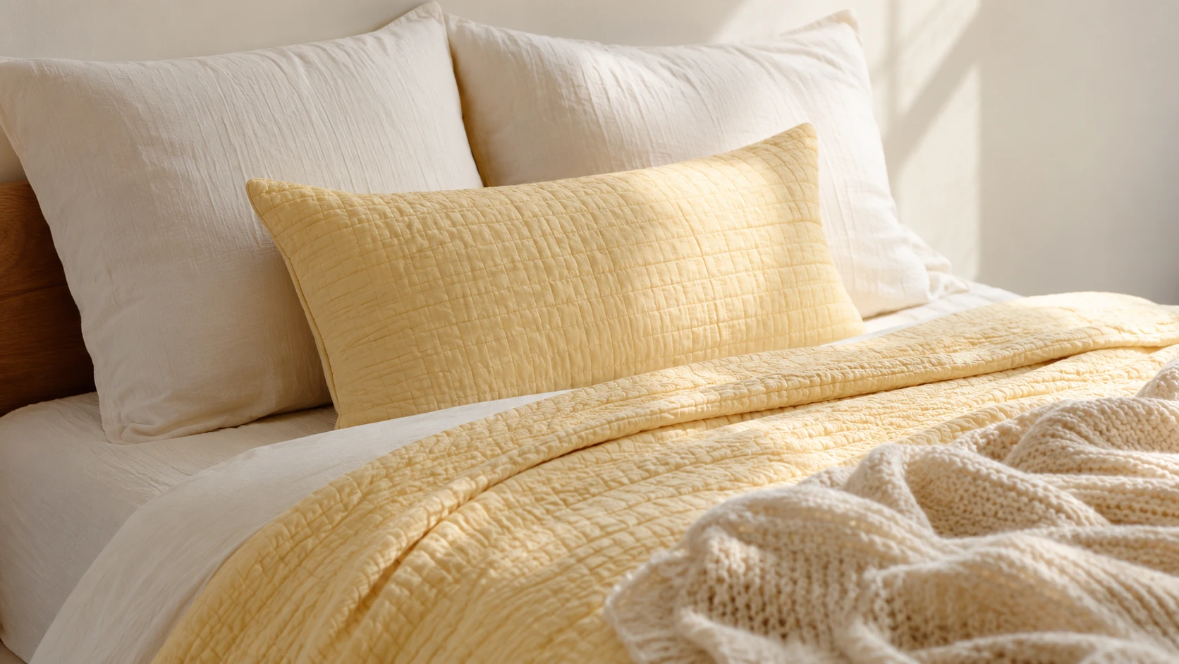Butter yellow bedding with cream linen sheets and soft yellow quilt on a natural wood bed frame