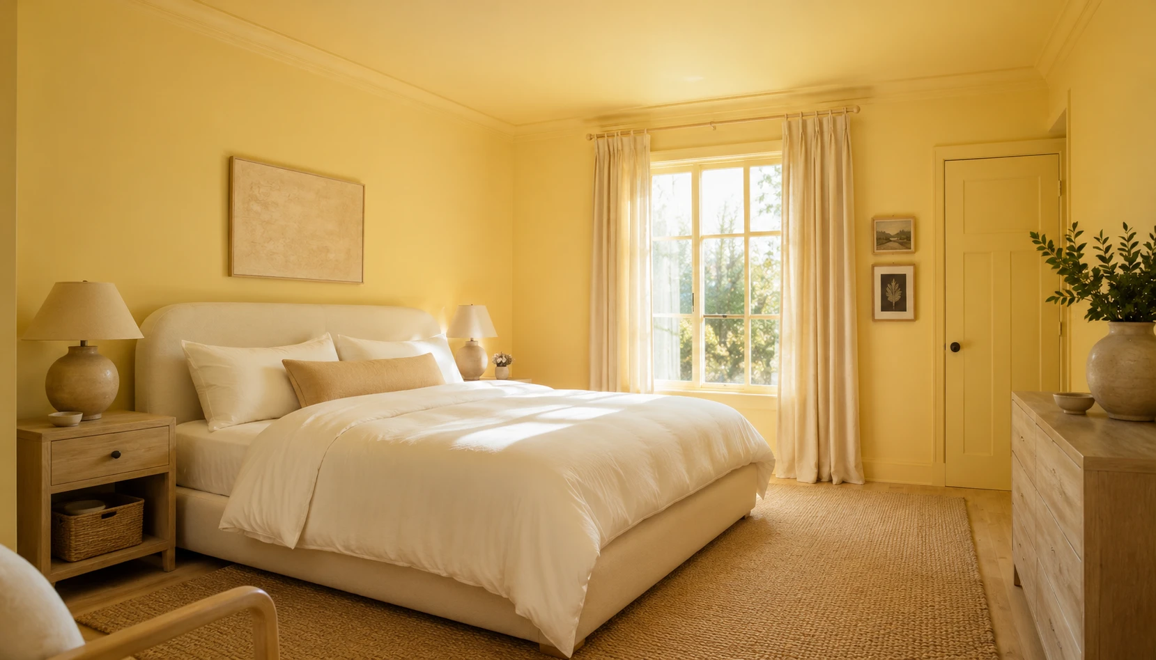 Bedroom fully painted in butter yellow walls with white trim cream bedding and natural wood furniture