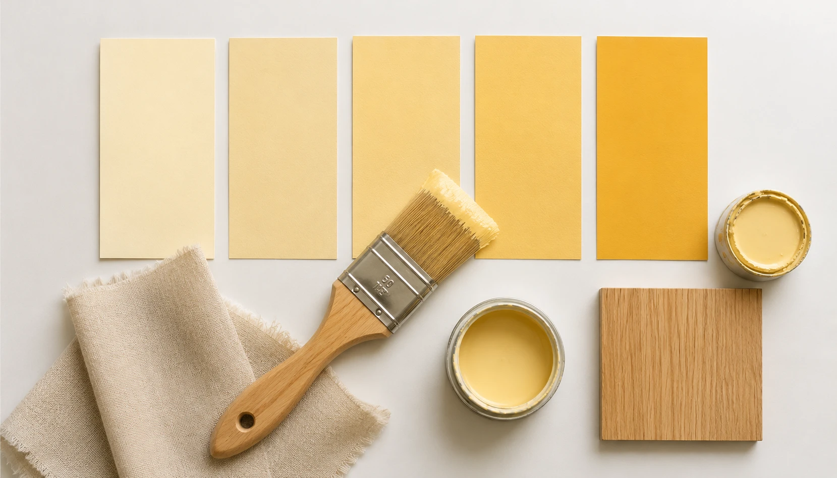 Butter yellow paint swatches ranging from pale cream yellow to deeper golden butter tones for bedroom walls