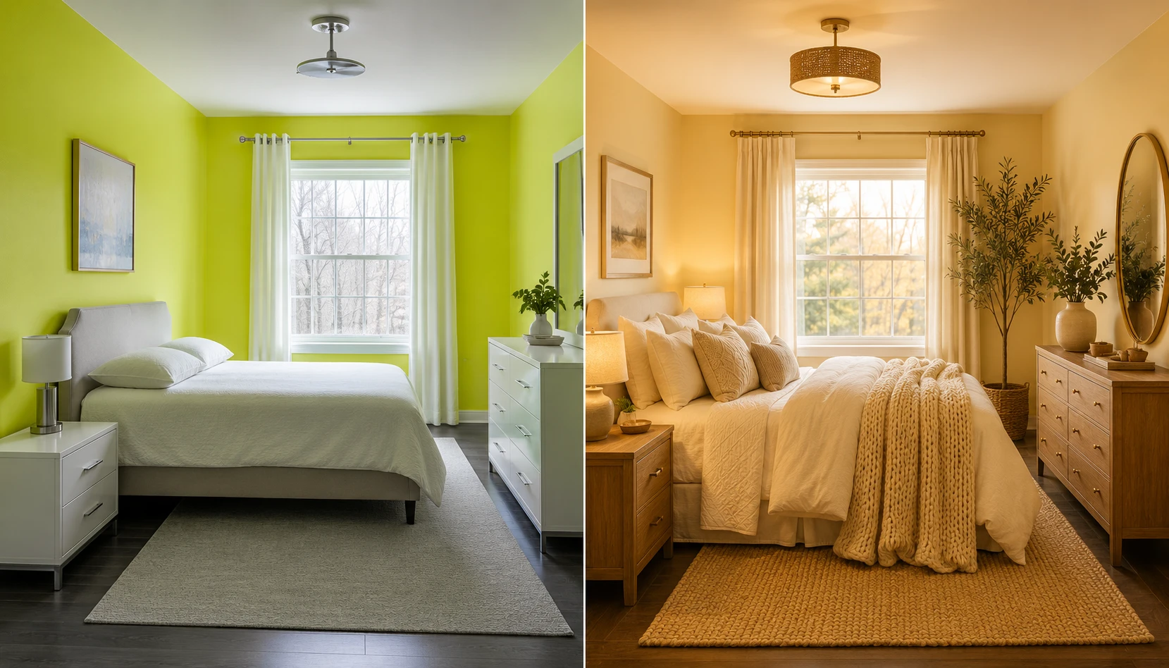 Split scene showing common butter yellow bedroom mistakes versus the correct warm balanced approach