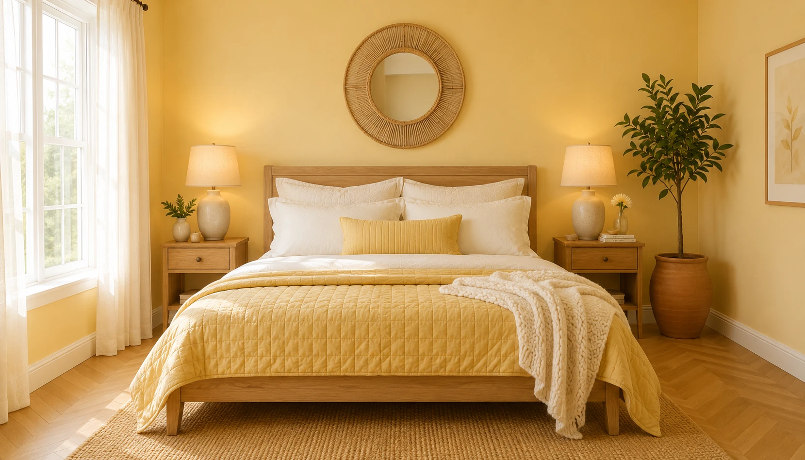 Butter yellow bedroom with soft yellow walls, cream linen bedding, natural wood furniture, and warm morning light in 2026