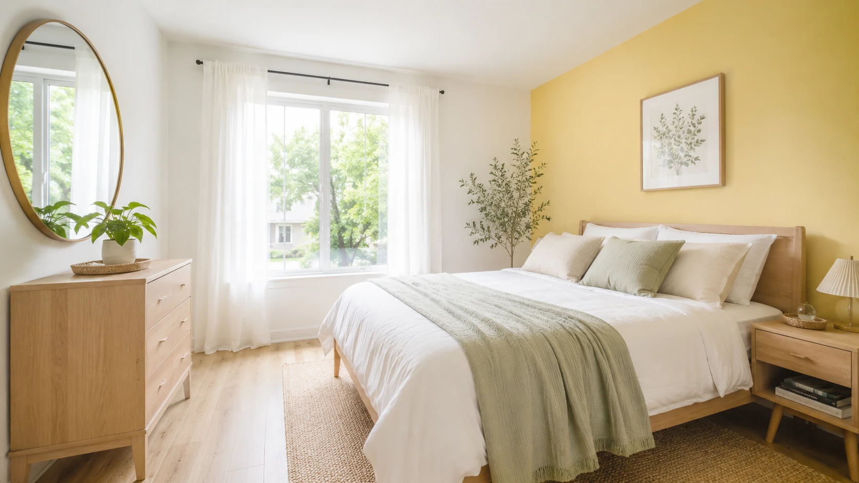 Small butter yellow bedroom with light walls mirror and natural wood furniture keeping the space bright and open