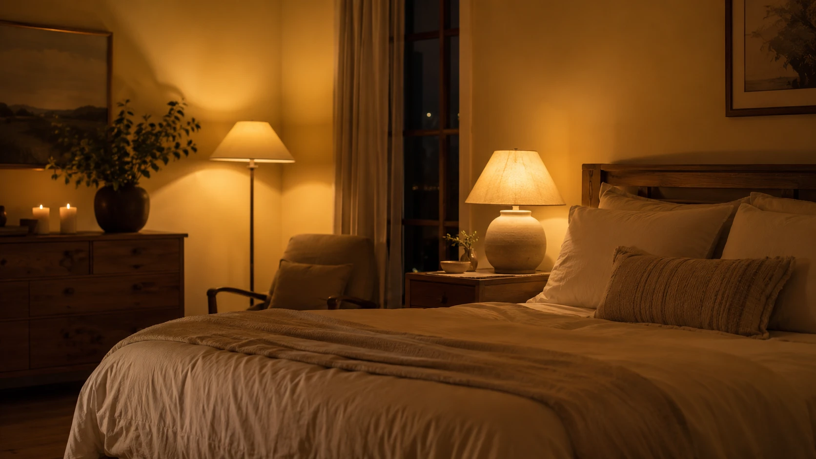 Butter yellow bedroom in evening light with warm bedside lamps and candles creating a cozy glow