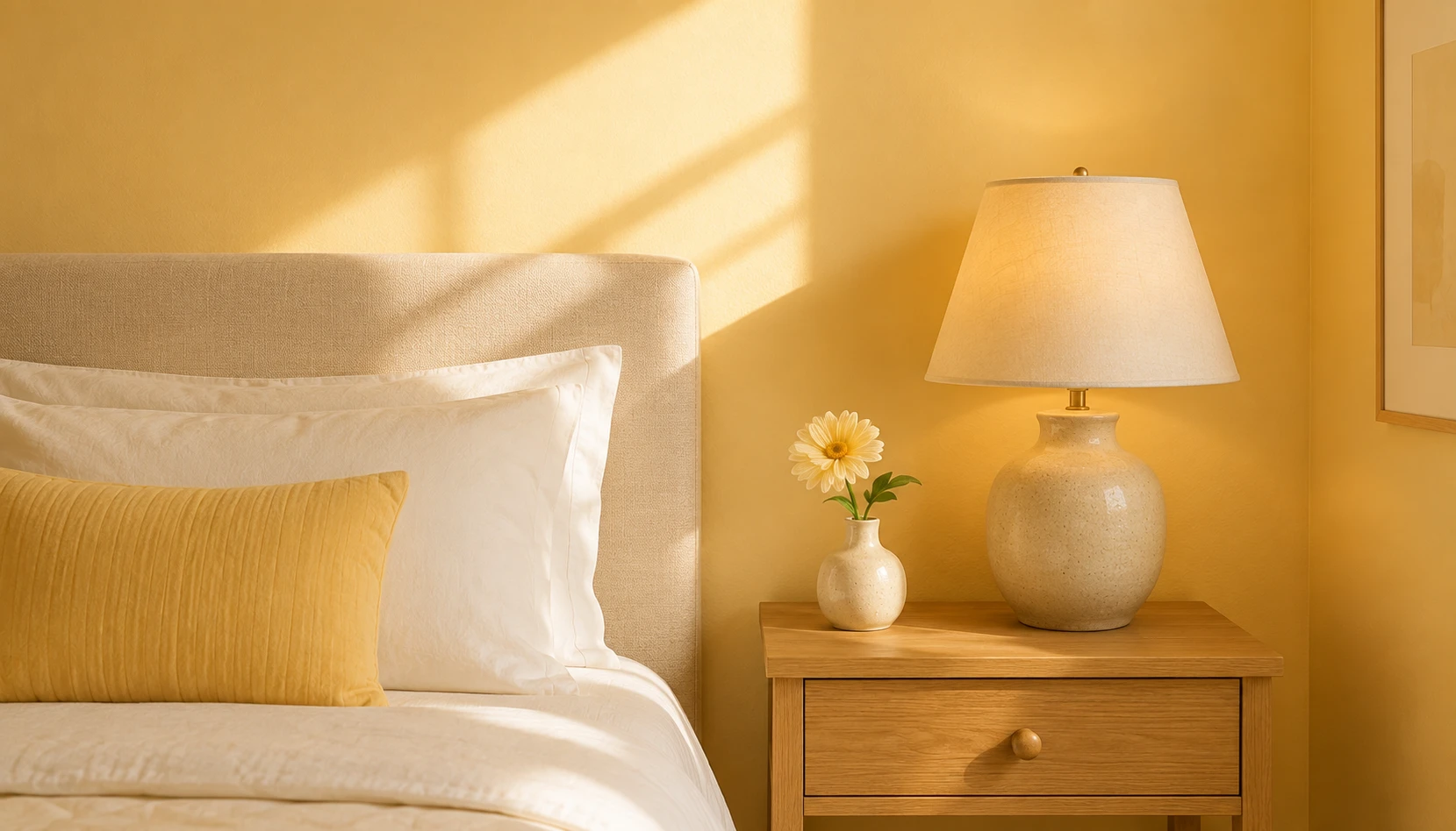 Butter yellow bedroom showing warm soft walls with cream bedding and natural morning light