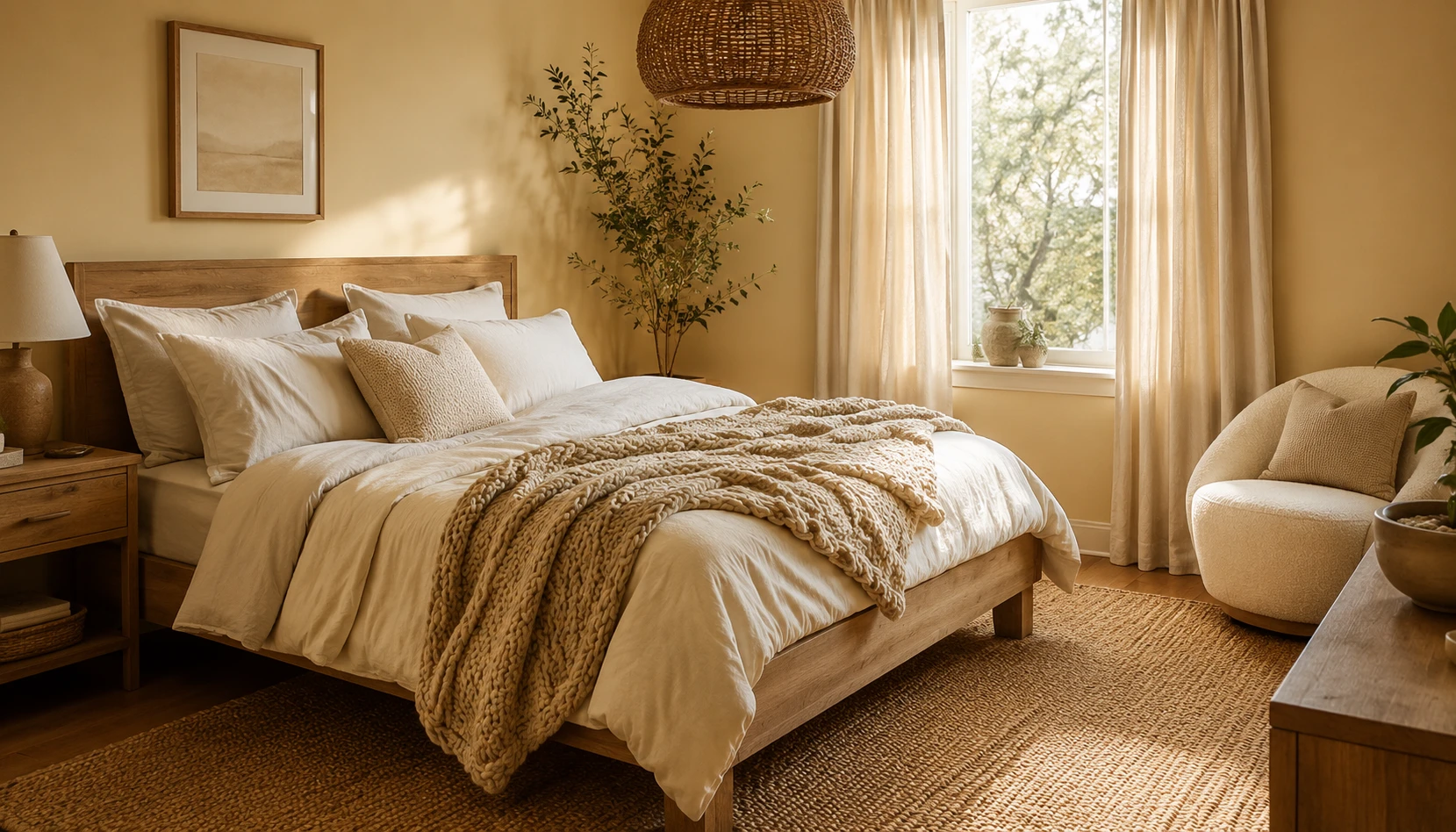 Butter yellow bedroom with natural oak furniture woven textures and layered linen for organic warmth