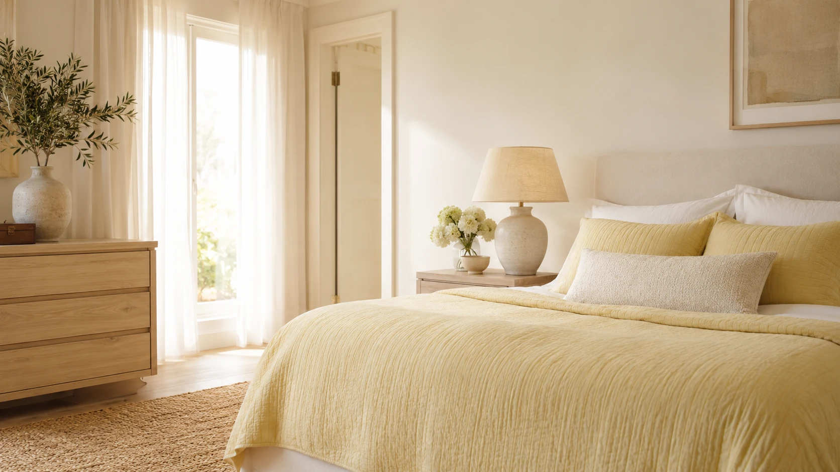 Butter yellow and cream bedroom with soft tonal layering and natural linen textures for an airy calming look