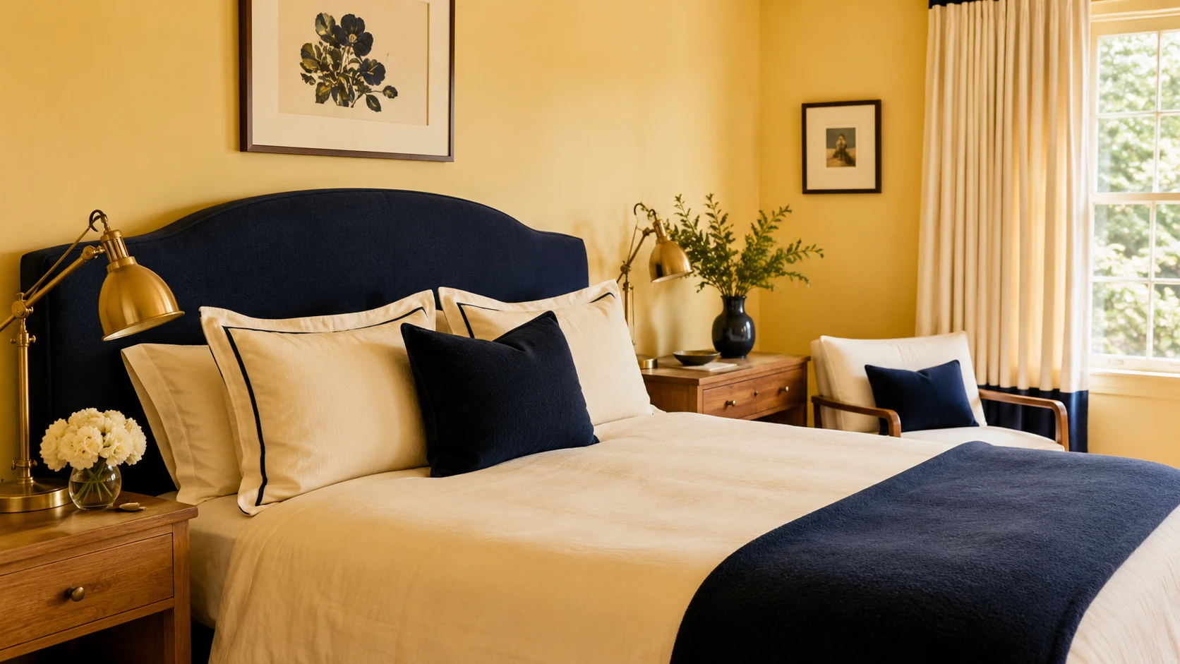 Butter yellow bedroom with navy blue accent pillows and headboard for a bold sophisticated color contrast