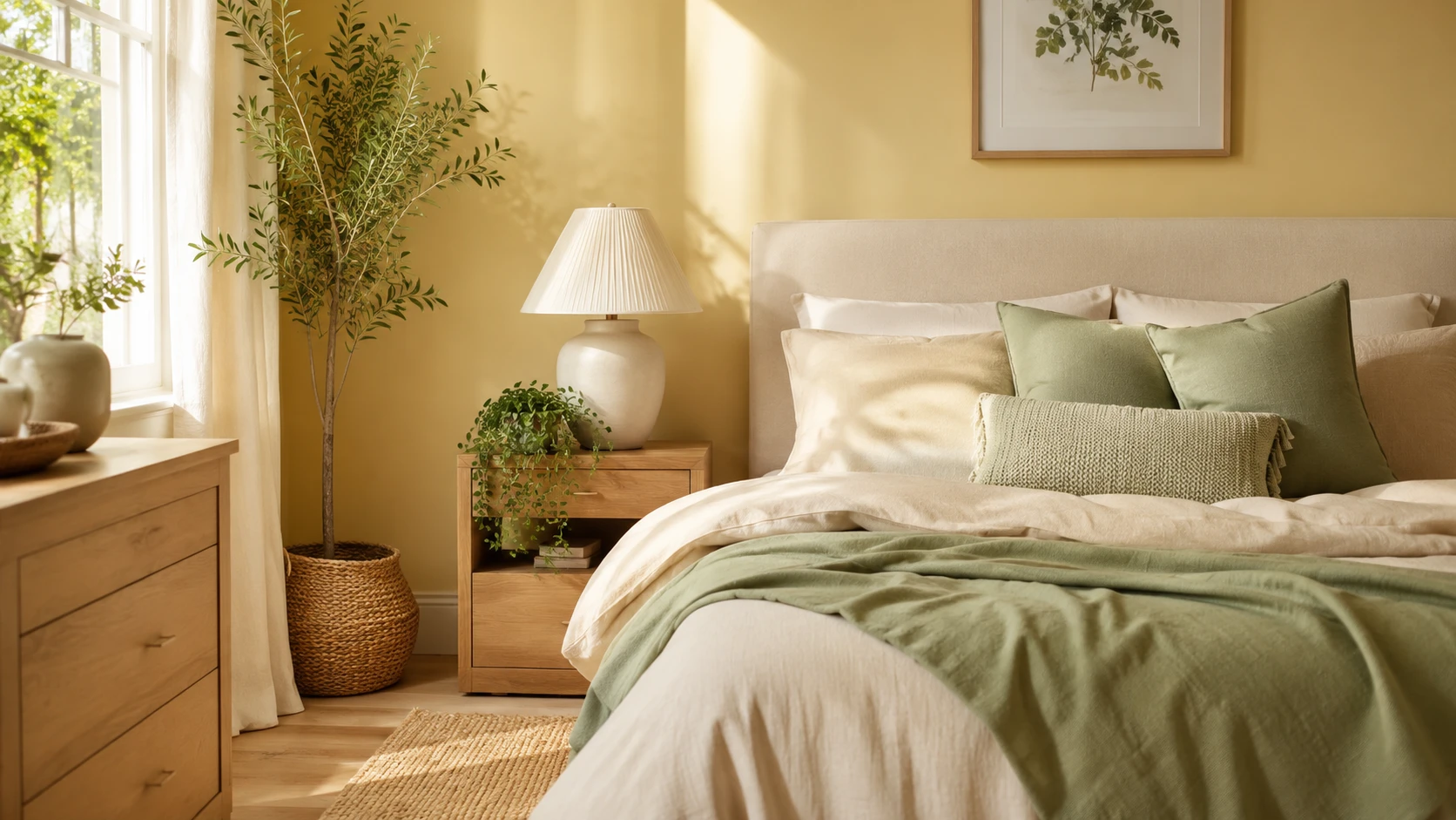 Butter yellow bedroom with sage green accents cushions and plants for a fresh grounded natural palette