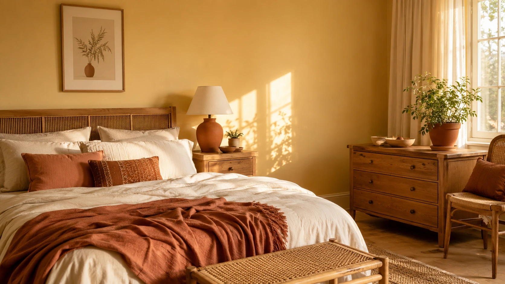 Butter yellow bedroom with terracotta accent cushions ceramic pottery and warm earthy layered textures