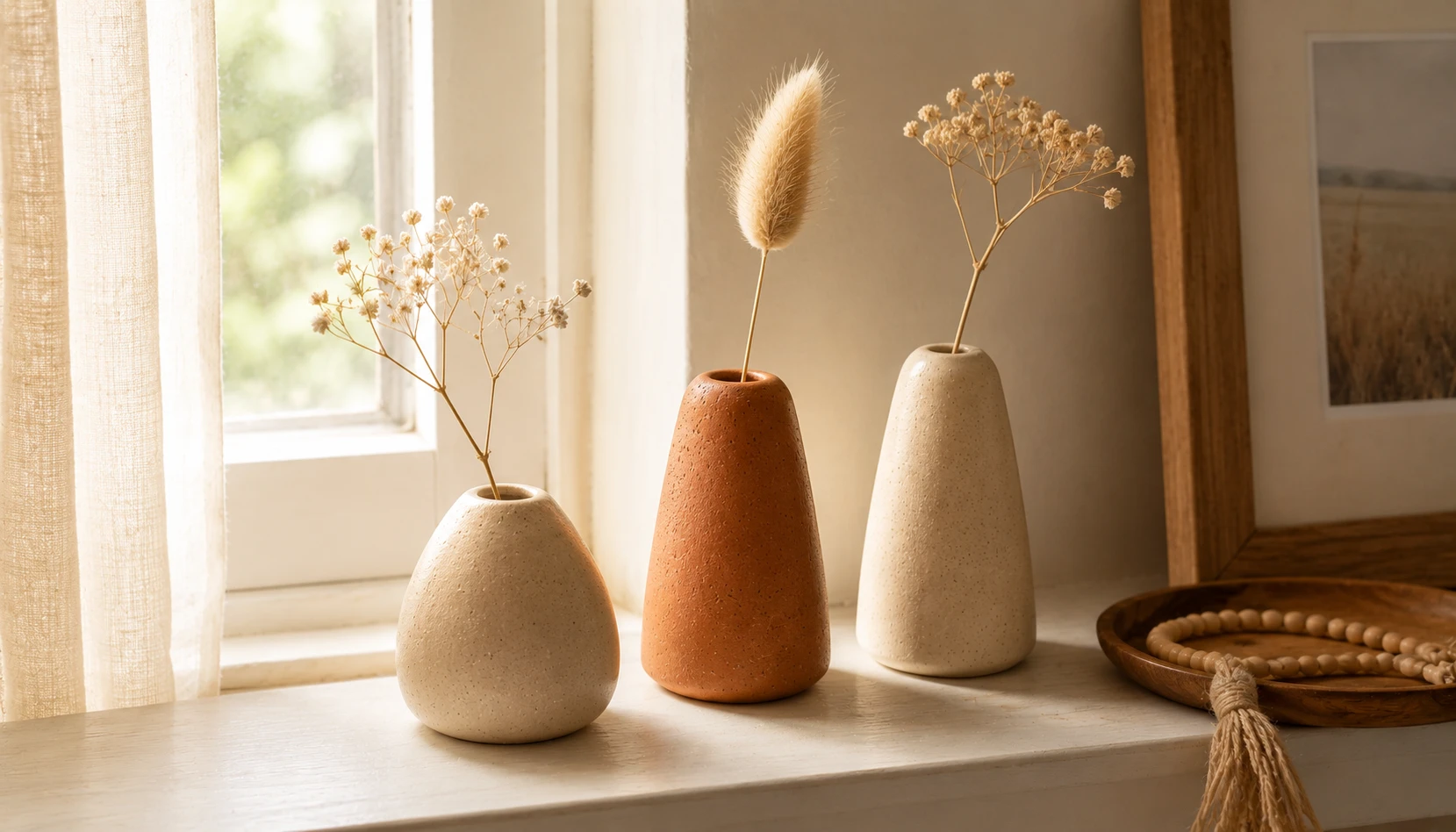 Collection of small handmade air dry clay bud vases in varying heights holding single dried flower stems