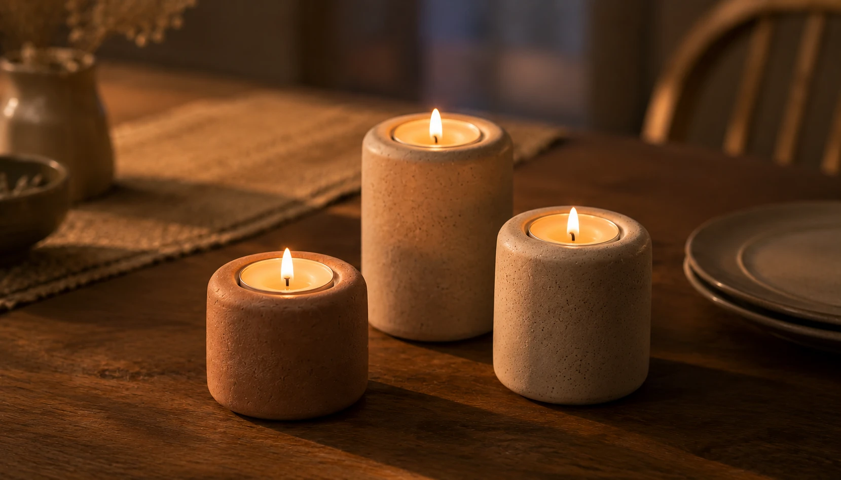 Set of three handmade air dry clay tealight candle holders in different heights on a wooden table with warm candlelight