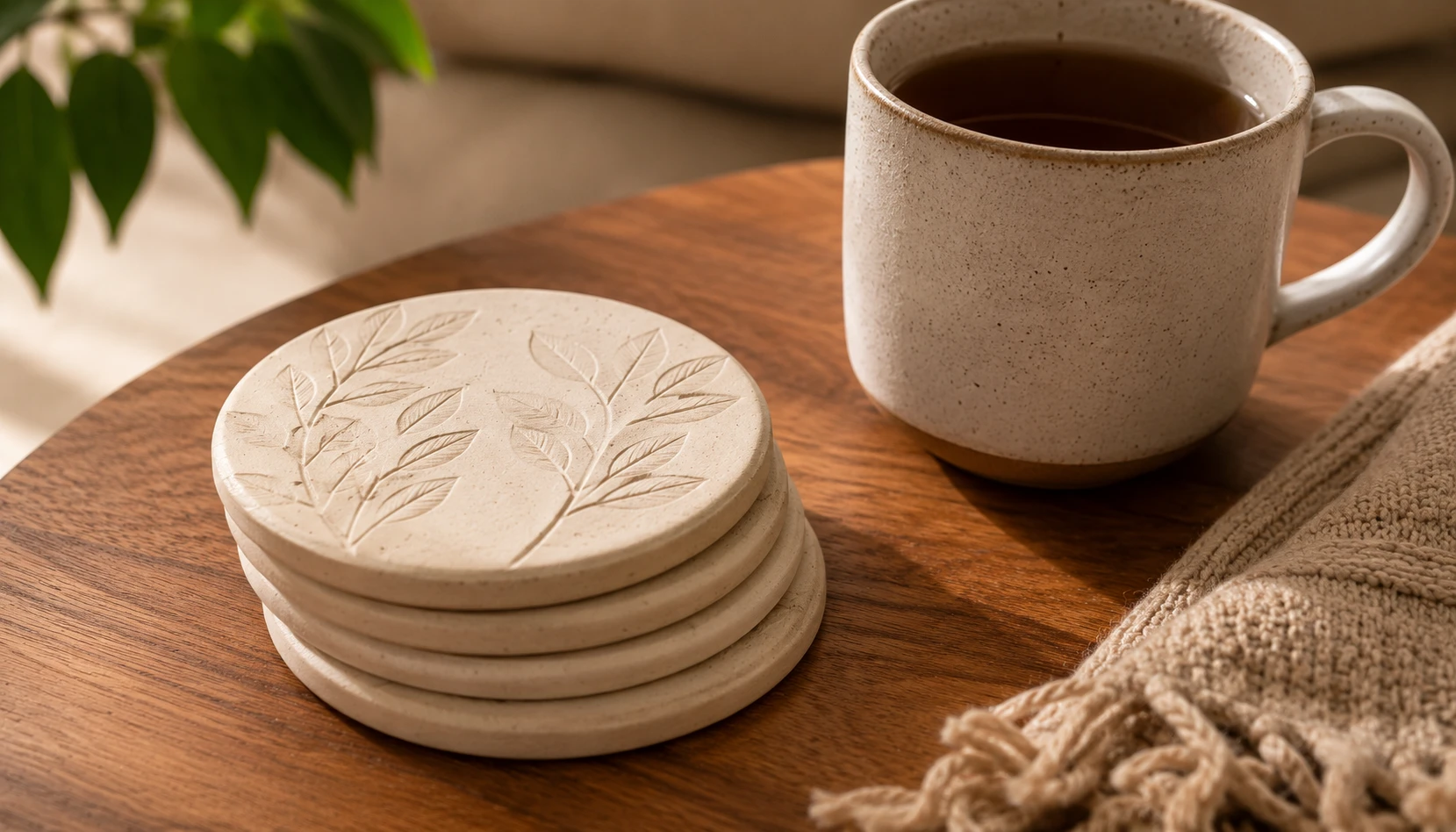 Set of handmade air dry clay coasters with pressed leaf texture stacked on a coffee table