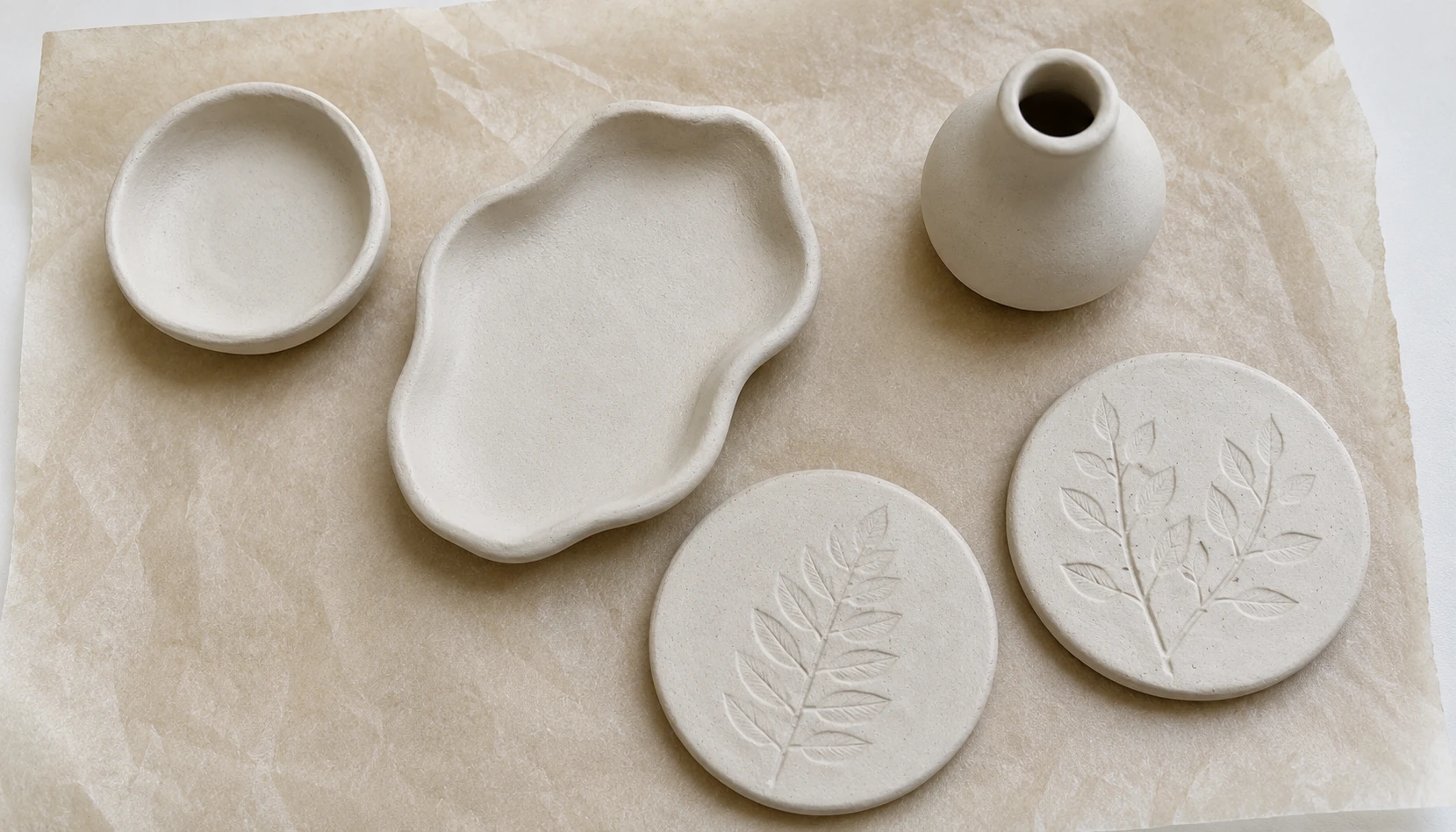 Several air dry clay pieces laid out on parchment paper to dry evenly at room temperature