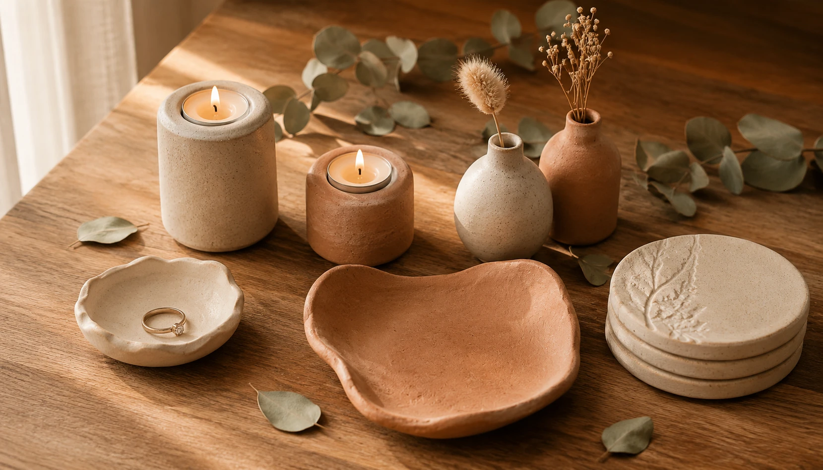 Collection of handmade air dry clay home decor pieces including a ring dish, candle holders, and a trinket tray in warm neutral tones