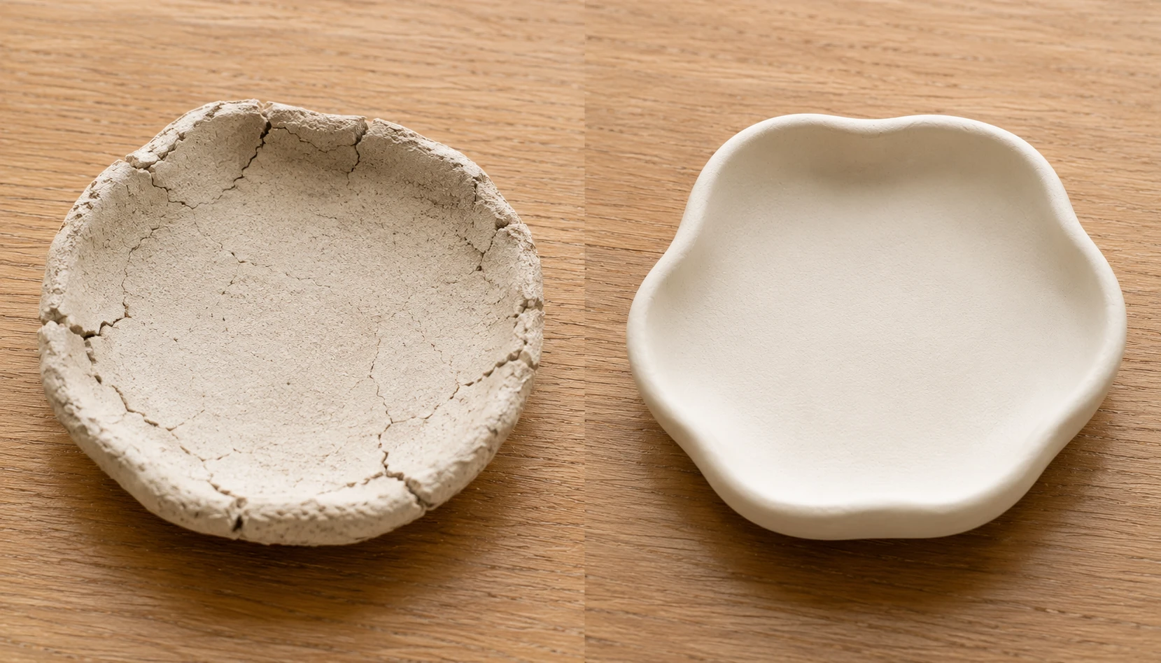 Split image showing a cracked poorly dried clay piece next to a smooth properly finished clay piece for comparison